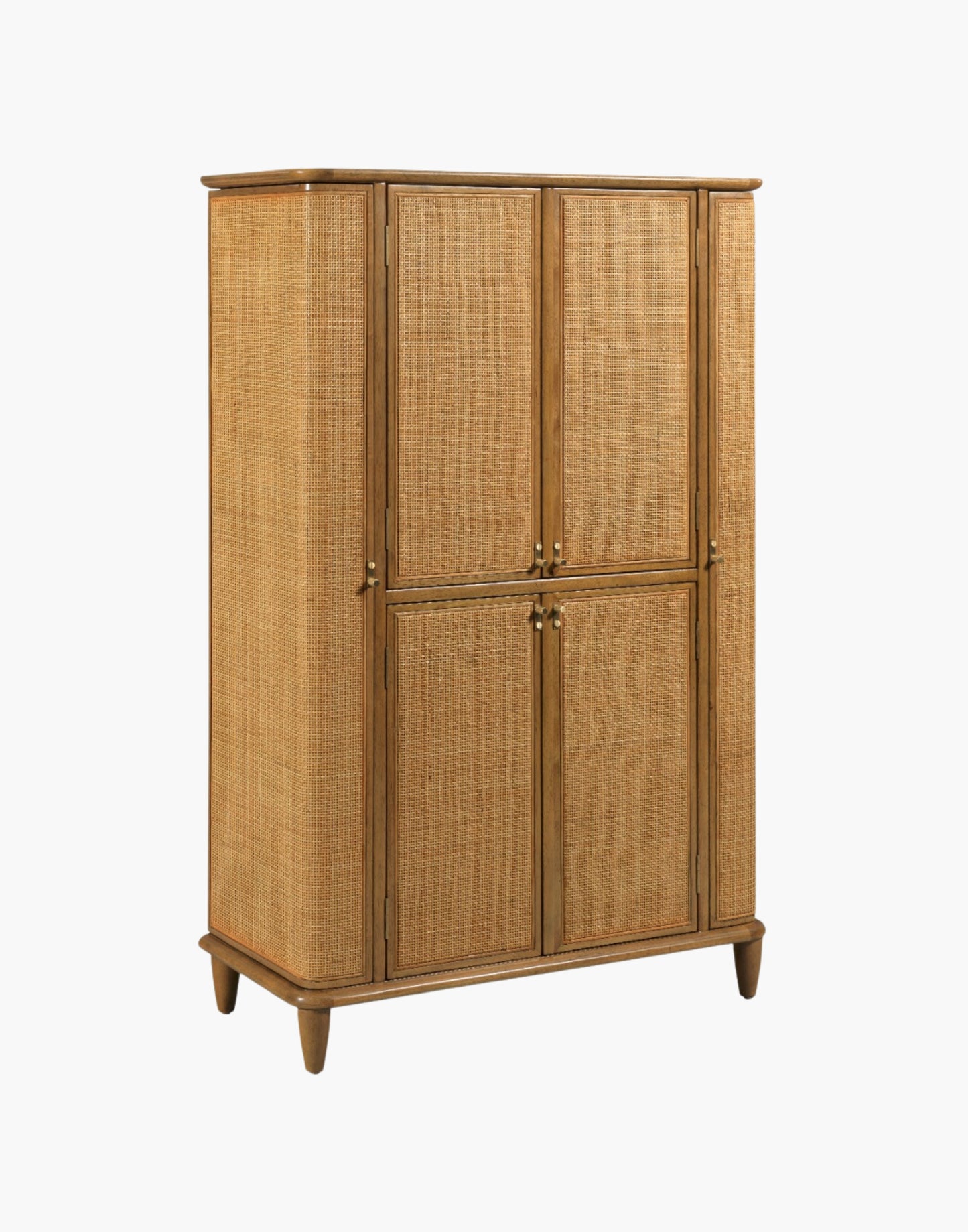 Bar cabinet with natural cane doors, marble shelf, mirrored back, wine bottle storage, and brass hardware in hazelnut finish.