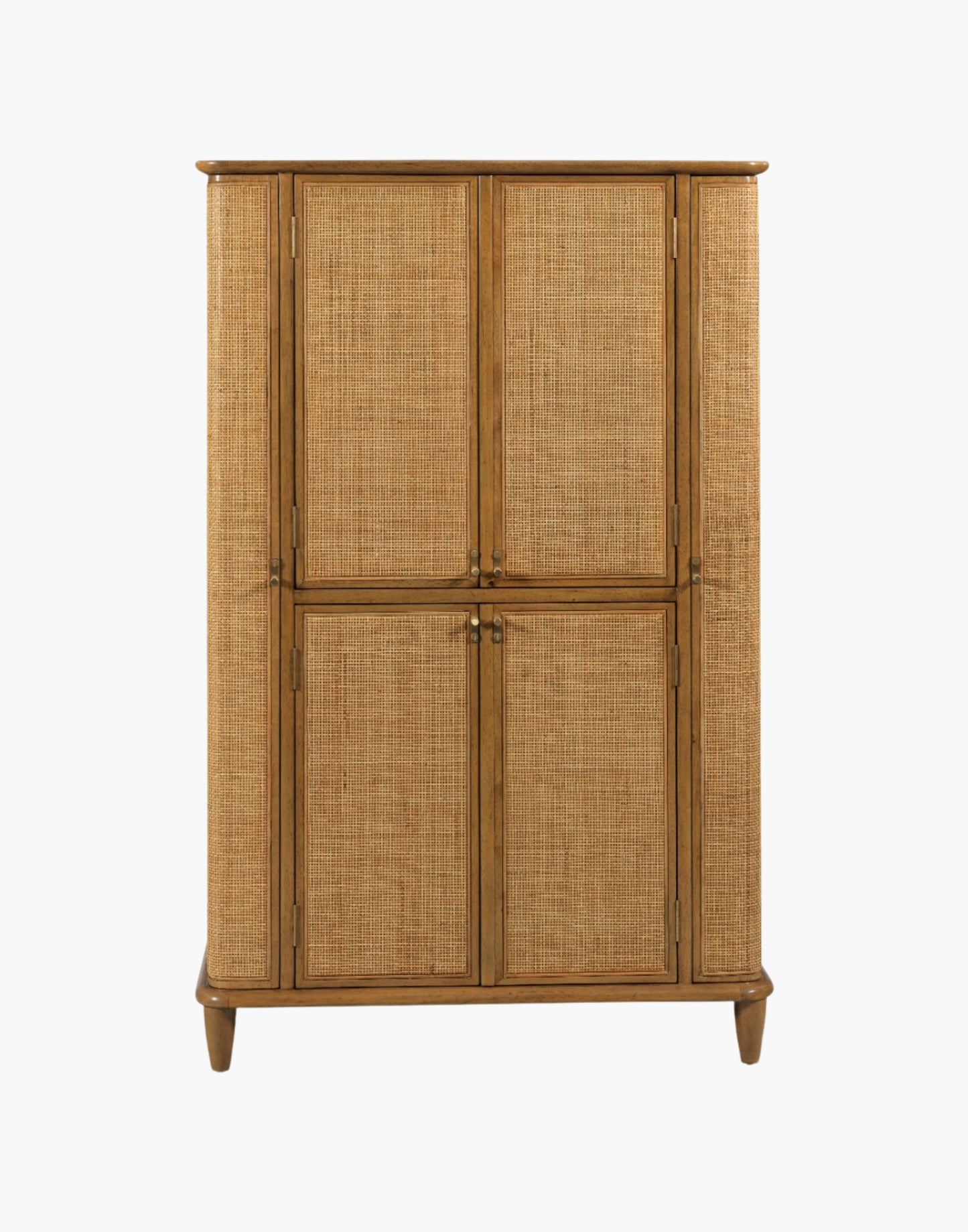 Bar cabinet with natural cane doors, marble shelf, mirrored back, wine bottle storage, and brass hardware in hazelnut finish.