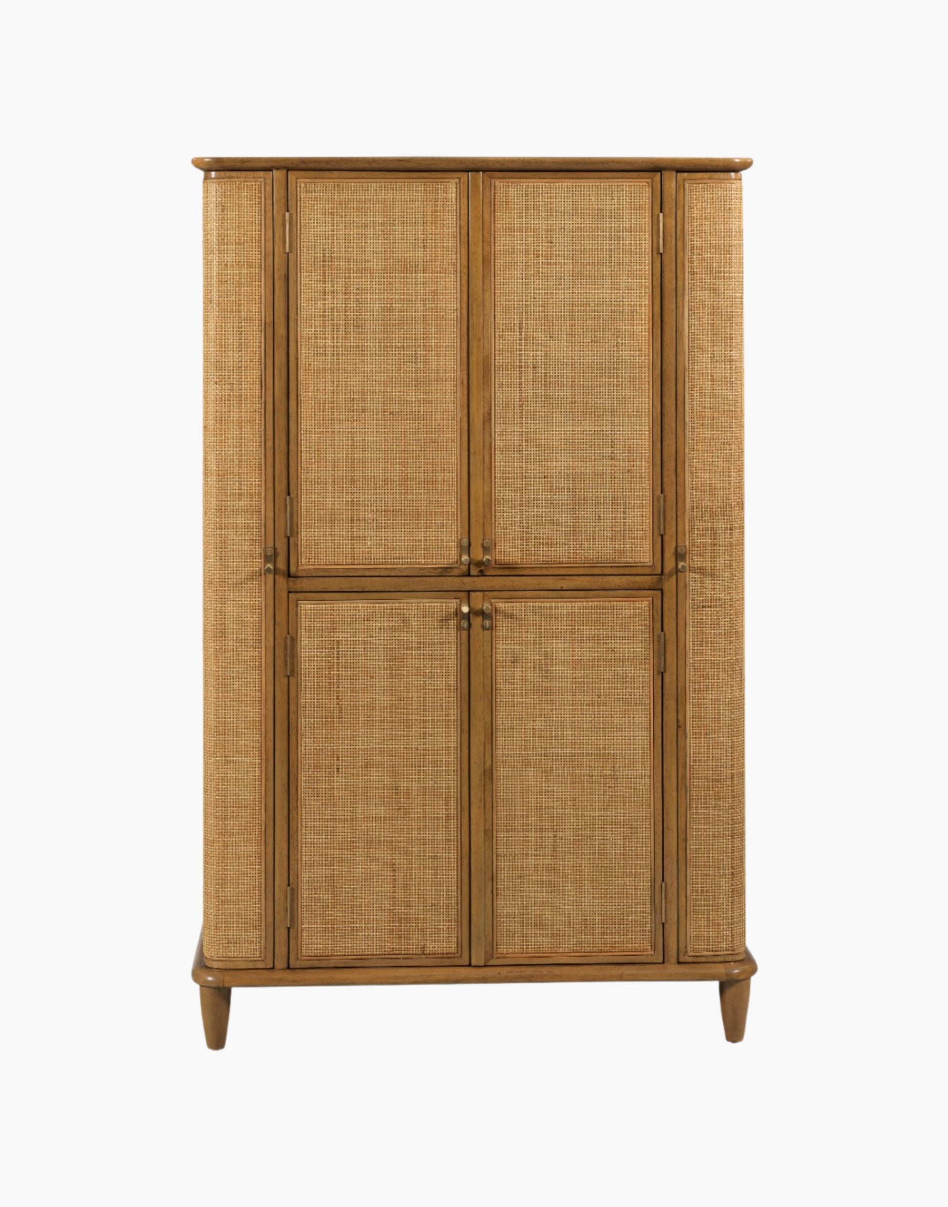 Bar cabinet with natural cane doors, marble shelf, mirrored back, wine bottle storage, and brass hardware in hazelnut finish.