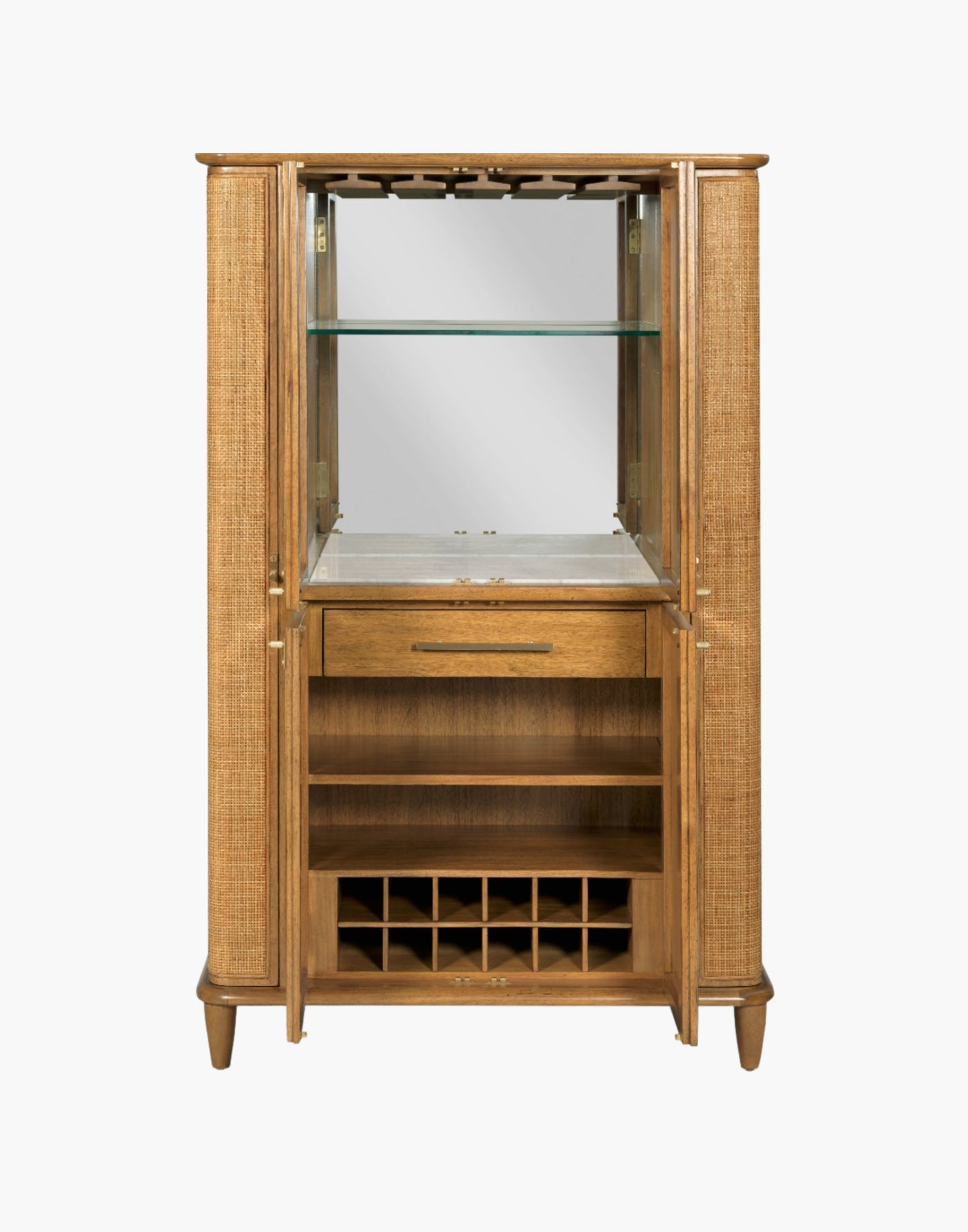 Bar cabinet with natural cane doors, marble shelf, mirrored back, wine bottle storage, and brass hardware in hazelnut finish.
