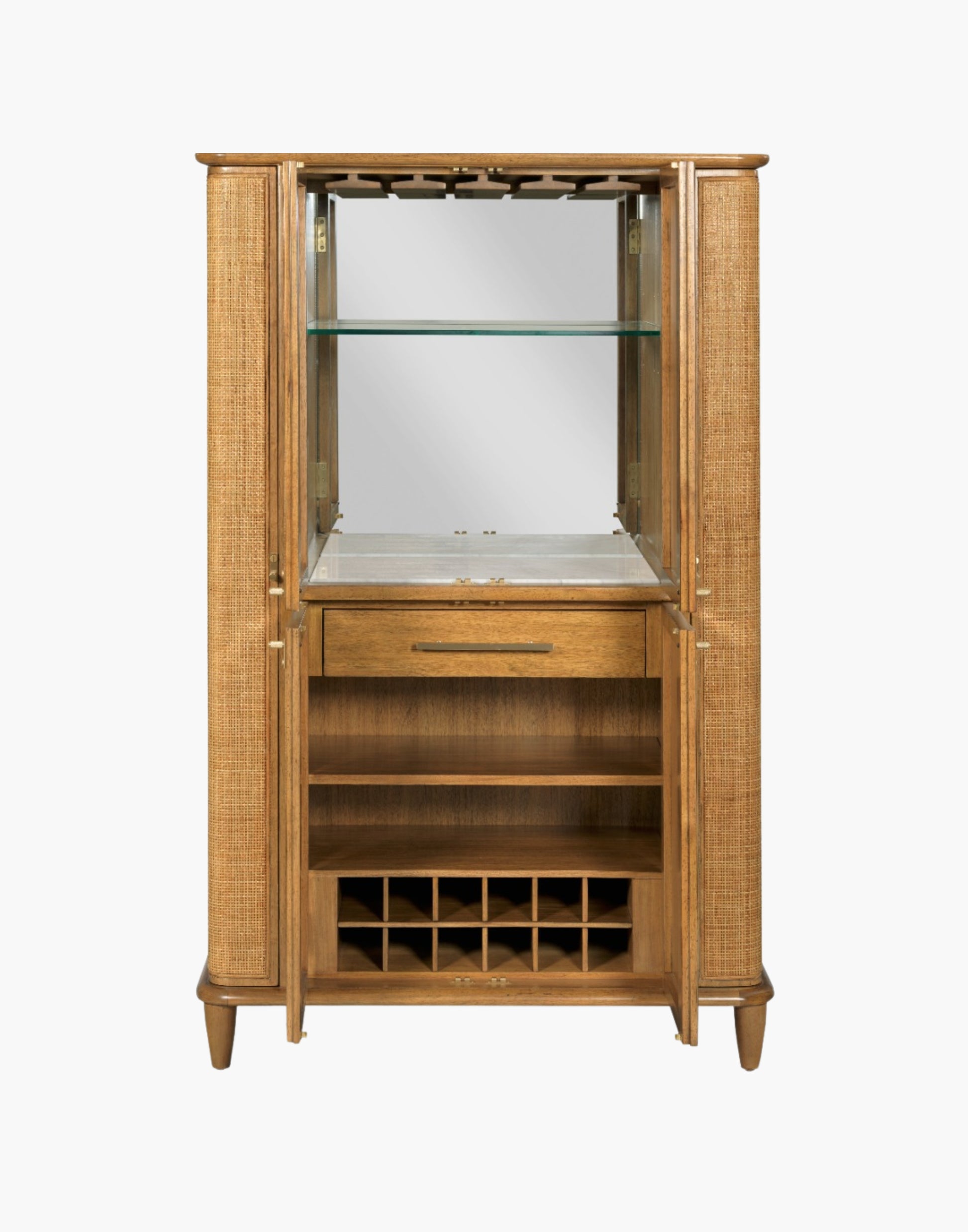 Bar cabinet with natural cane doors, marble shelf, mirrored back, wine bottle storage, and brass hardware in hazelnut finish.