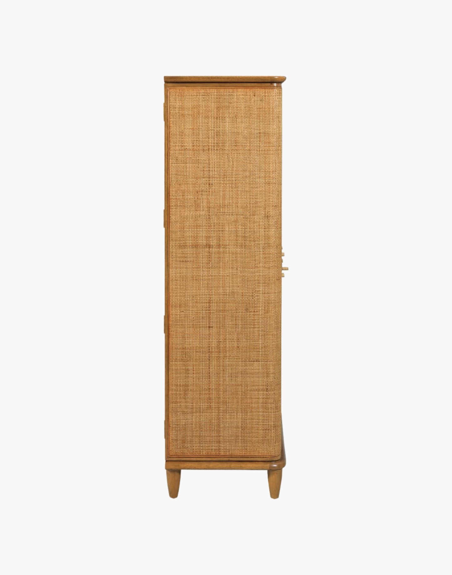 Bar cabinet with natural cane doors, marble shelf, mirrored back, wine bottle storage, and brass hardware in hazelnut finish.