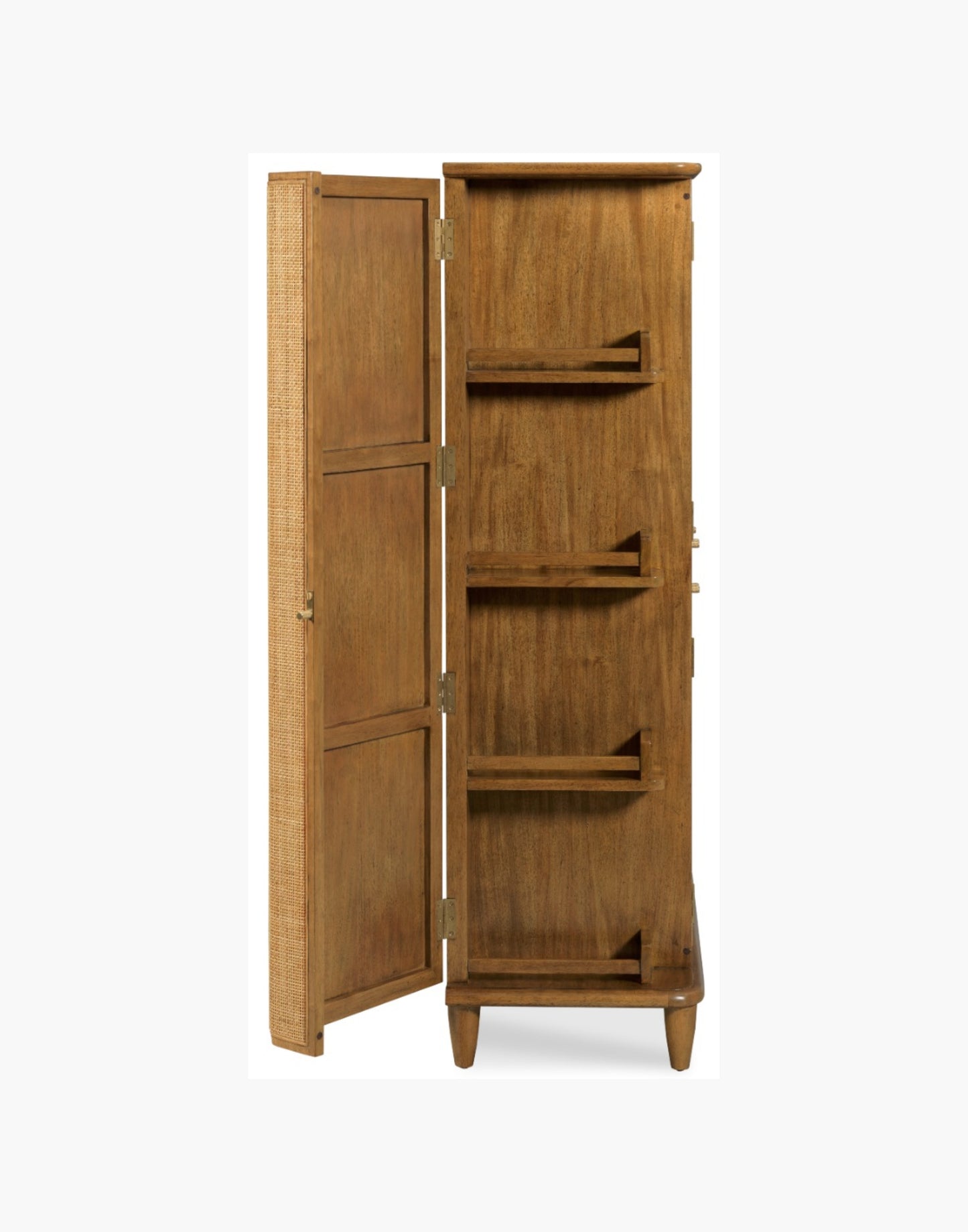 Bar cabinet with natural cane doors, marble shelf, mirrored back, wine bottle storage, and brass hardware in hazelnut finish.