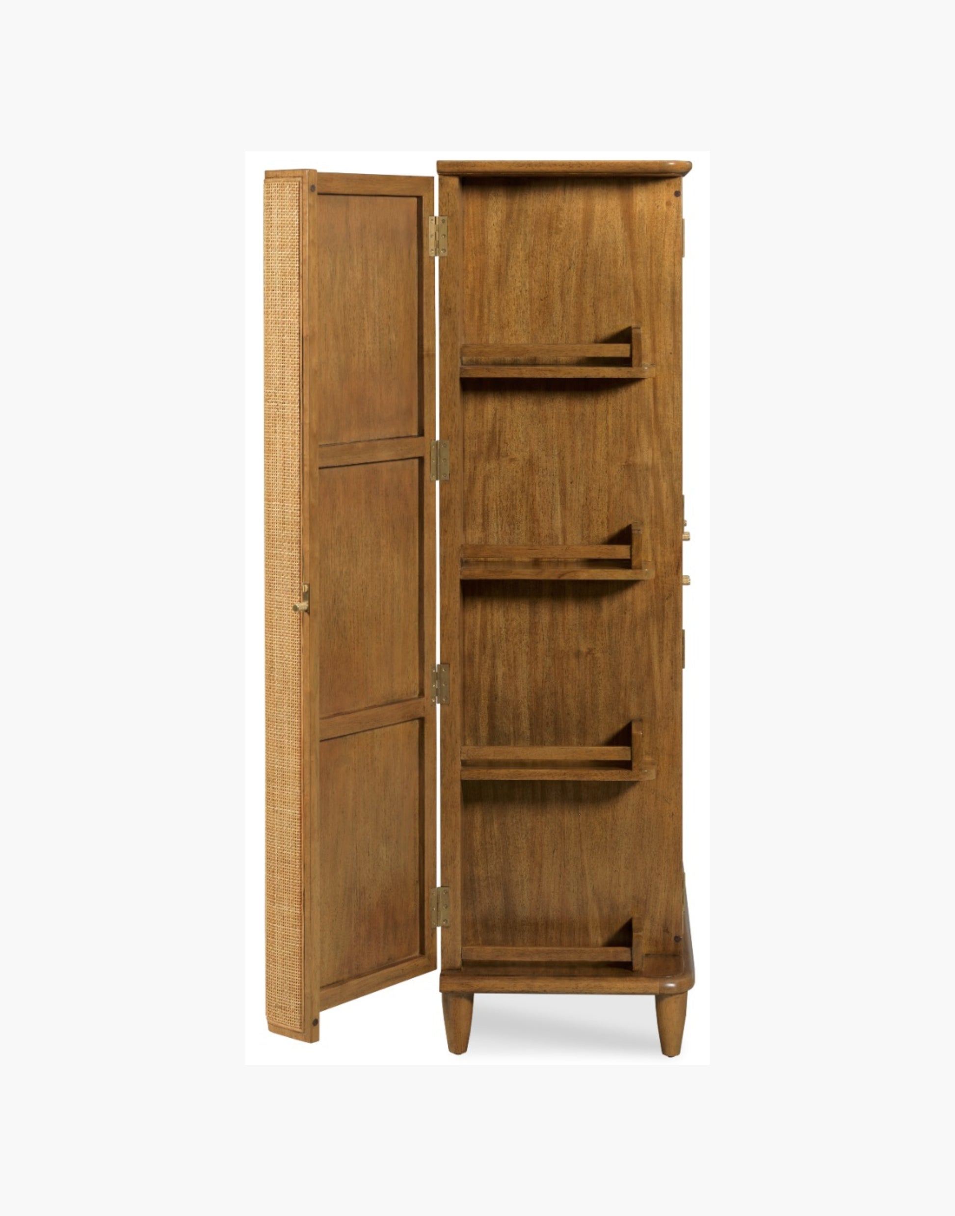 Bar cabinet with natural cane doors, marble shelf, mirrored back, wine bottle storage, and brass hardware in hazelnut finish.