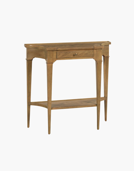 French Provincial console table with cerejeira veneer, apron drawer, lower shelf, and brass hardware in Auden finish.