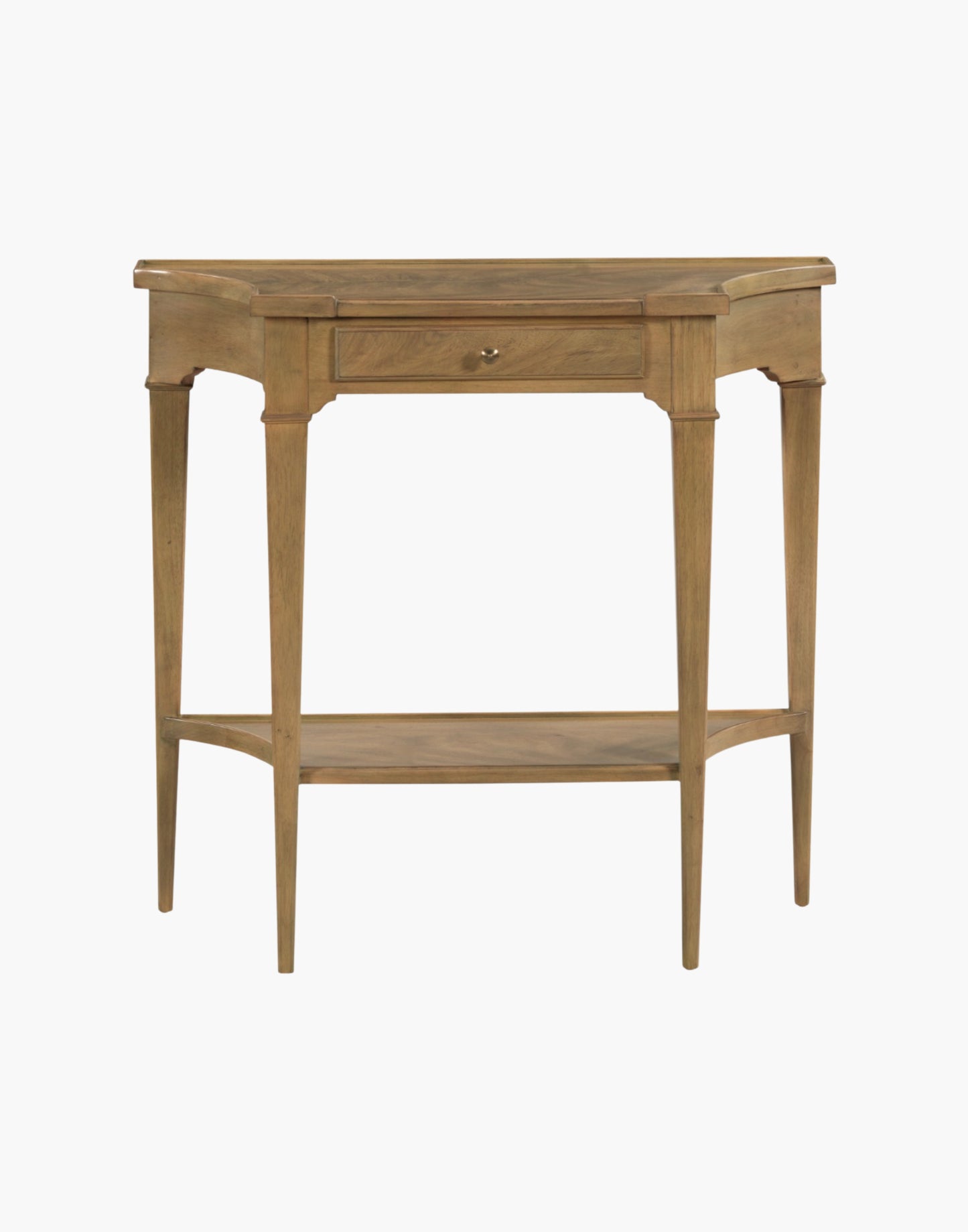 French Provincial console table with cerejeira veneer, apron drawer, lower shelf, and brass hardware in Auden finish.
