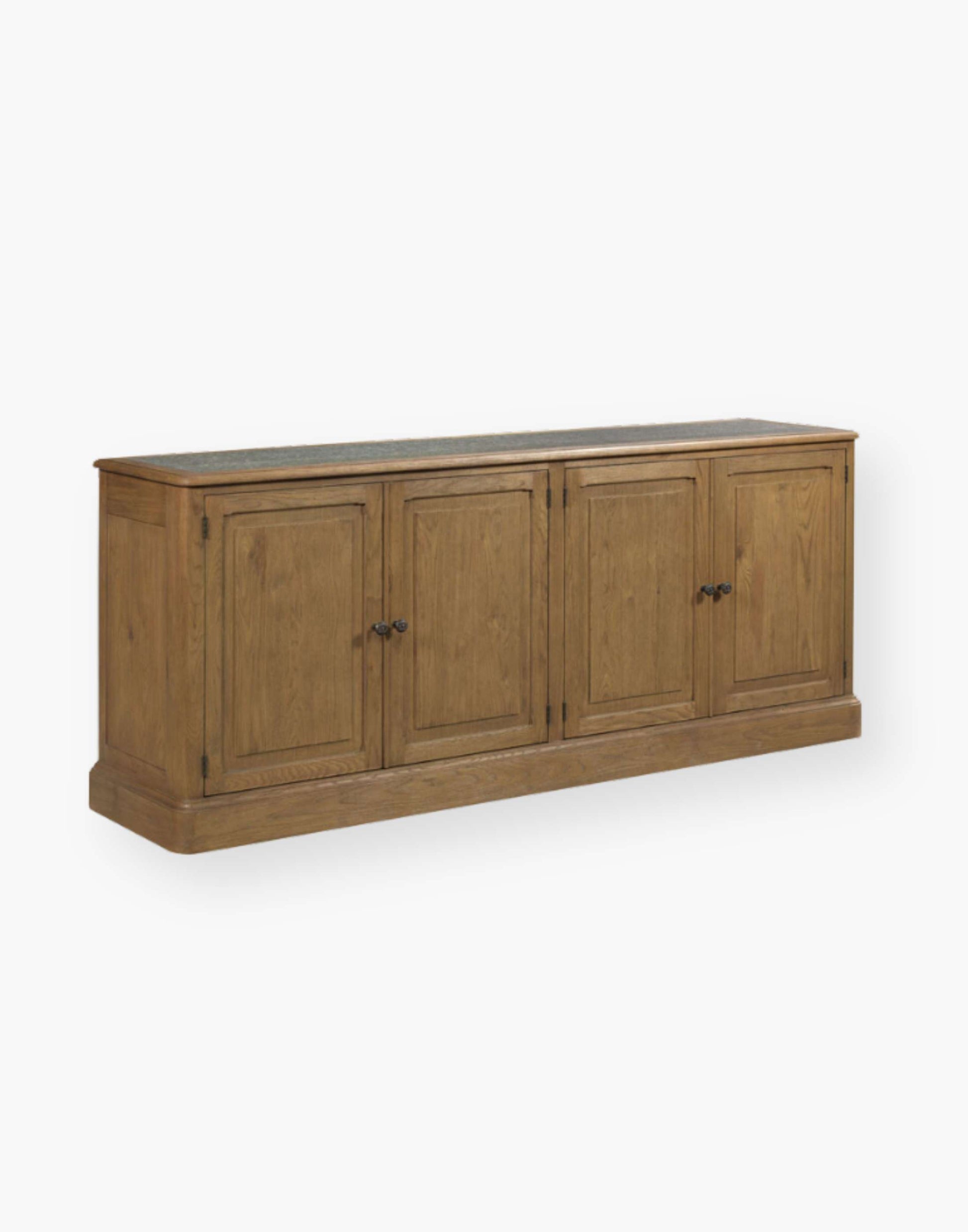 4 door buffet side board made of oak and oak veneer with rustic stone on top with middle shelving unit