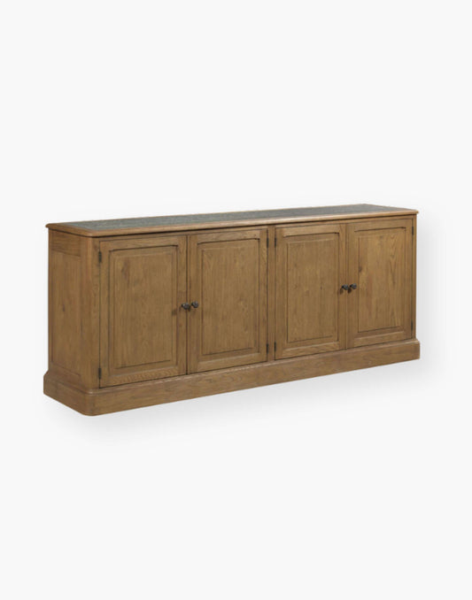 4 door buffet side board made of oak and oak veneer with rustic stone on top with middle shelving unit