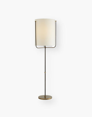  Delicate Iron Frame in Refined Bronze Finish, Oversized Drum Shade. Antique Brass Base, Off-White Linen Shade, Suitable for Home and Commercial Settings.