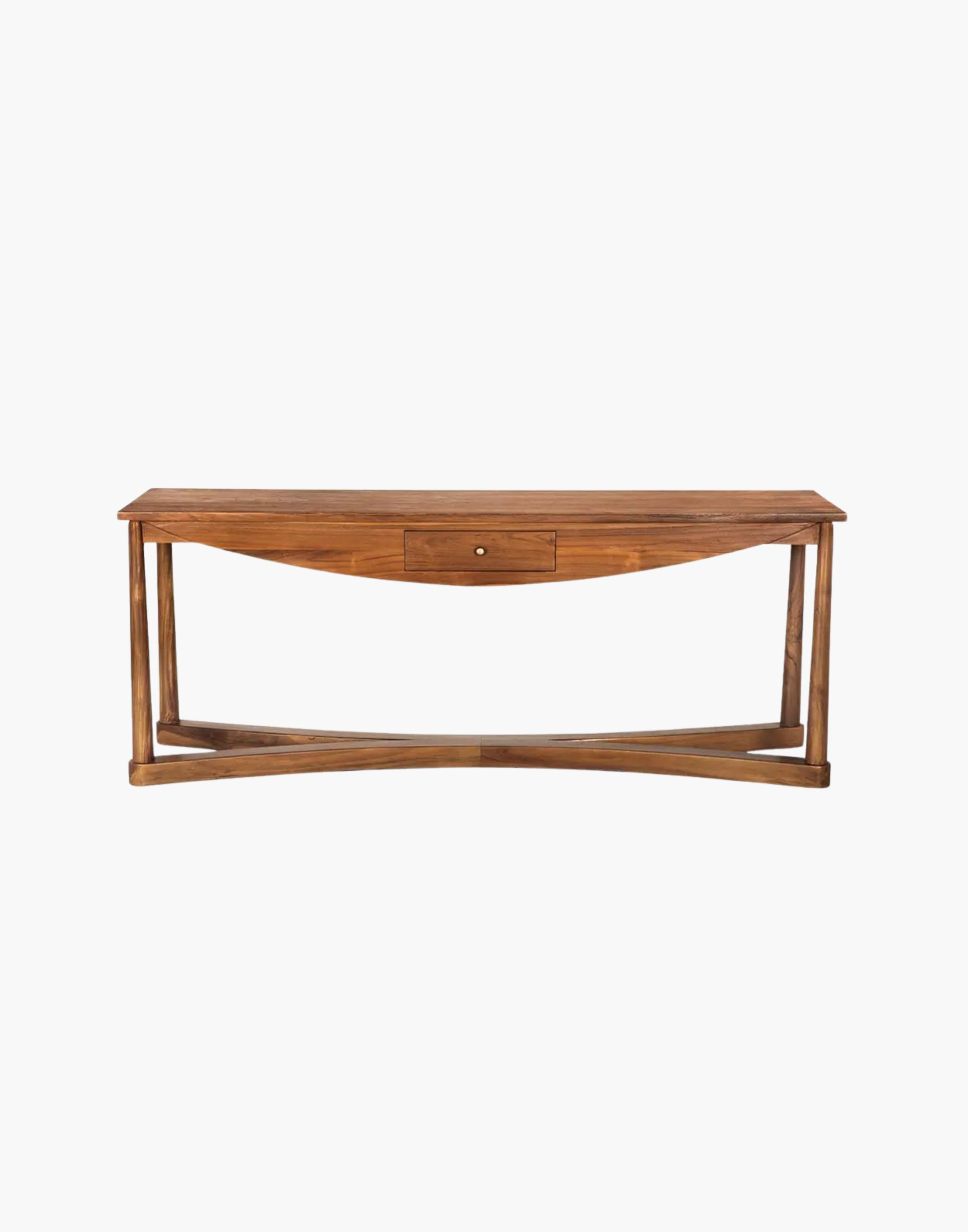 bow front teak console table with curved silhouette and natural wood grain