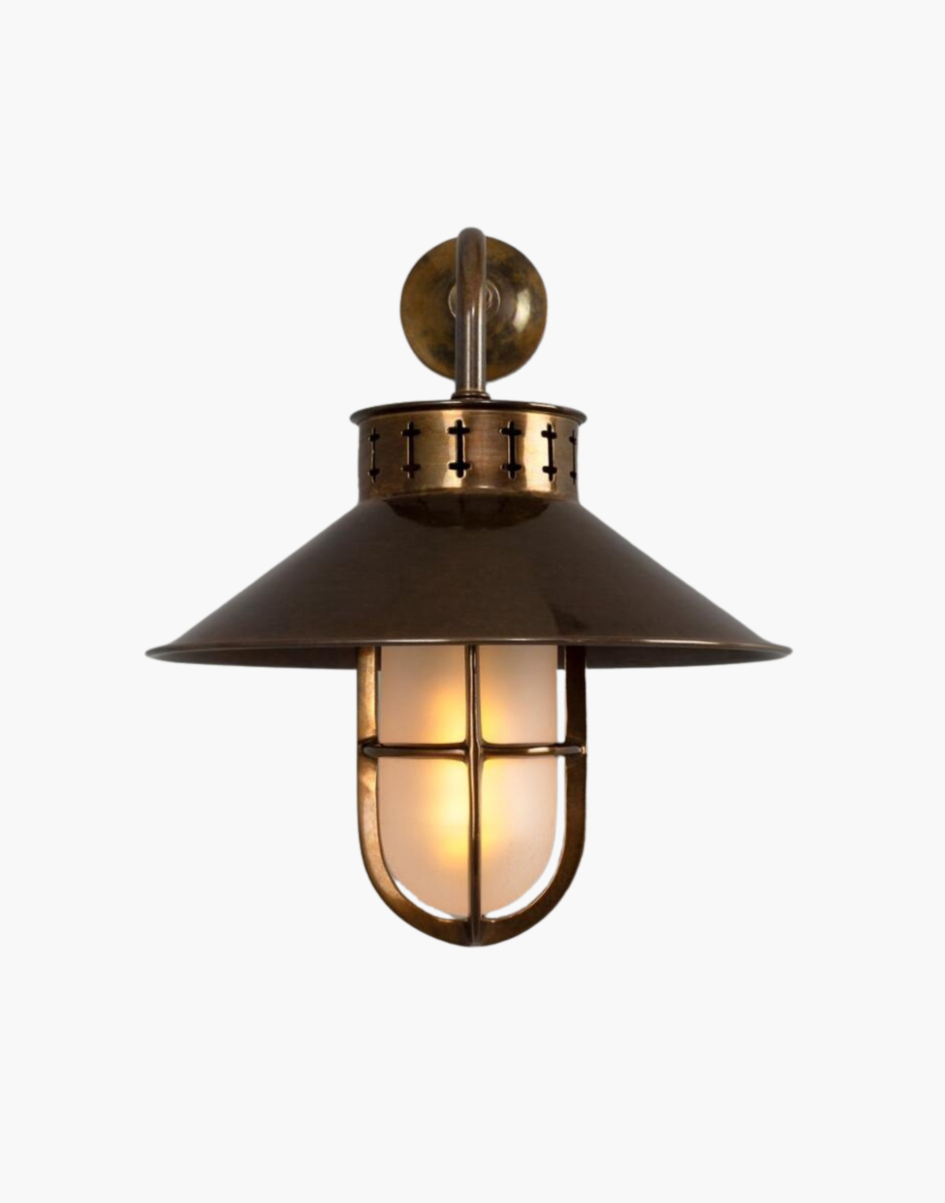Vintage Industrial Well Glass Wall Sconce brass cage, prismatic glass shade, warm directional lighting for hallways, kitchens, and cafés