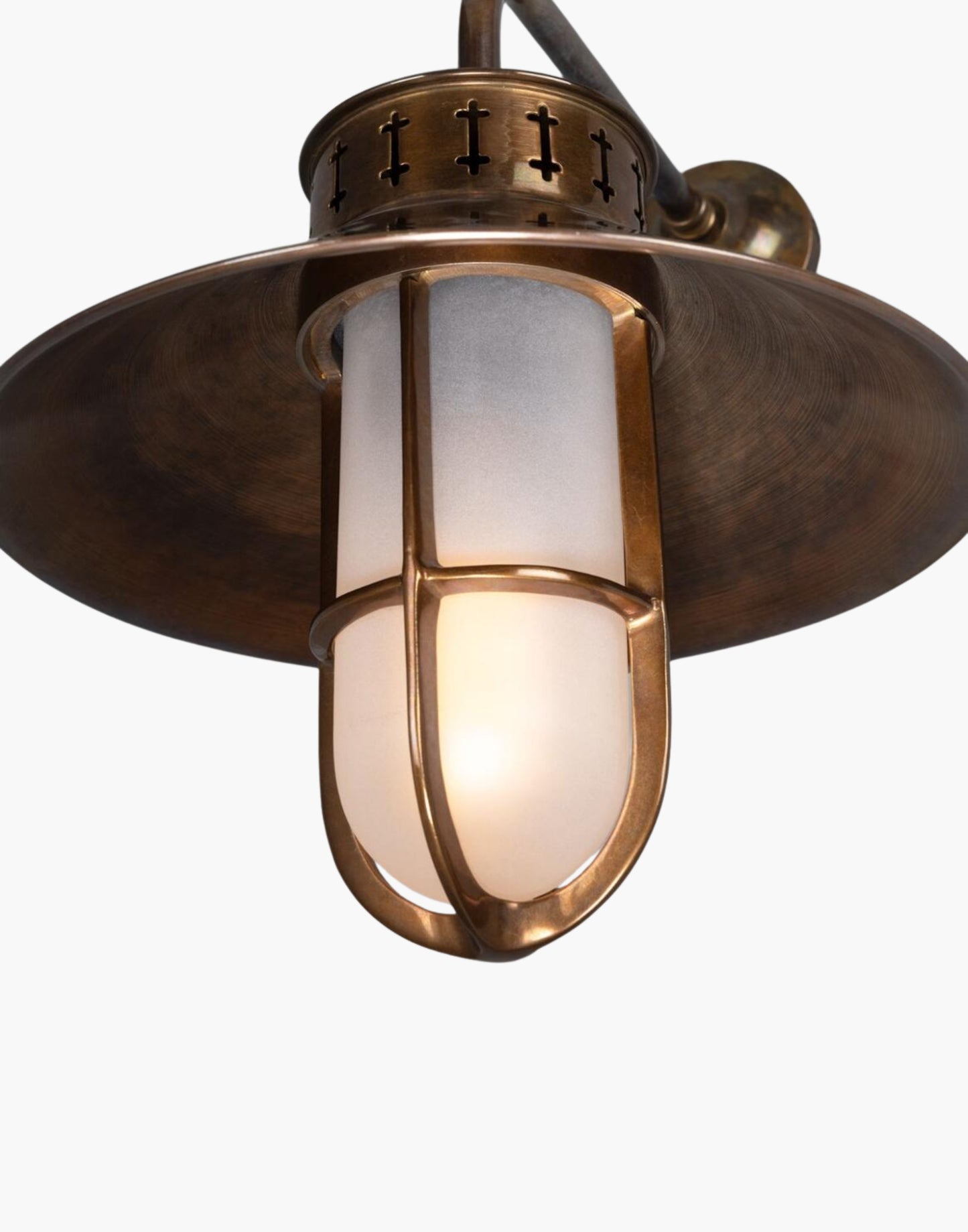 Vintage Industrial Well Glass Wall Sconce brass cage, prismatic glass shade, warm directional lighting for hallways, kitchens, and cafés