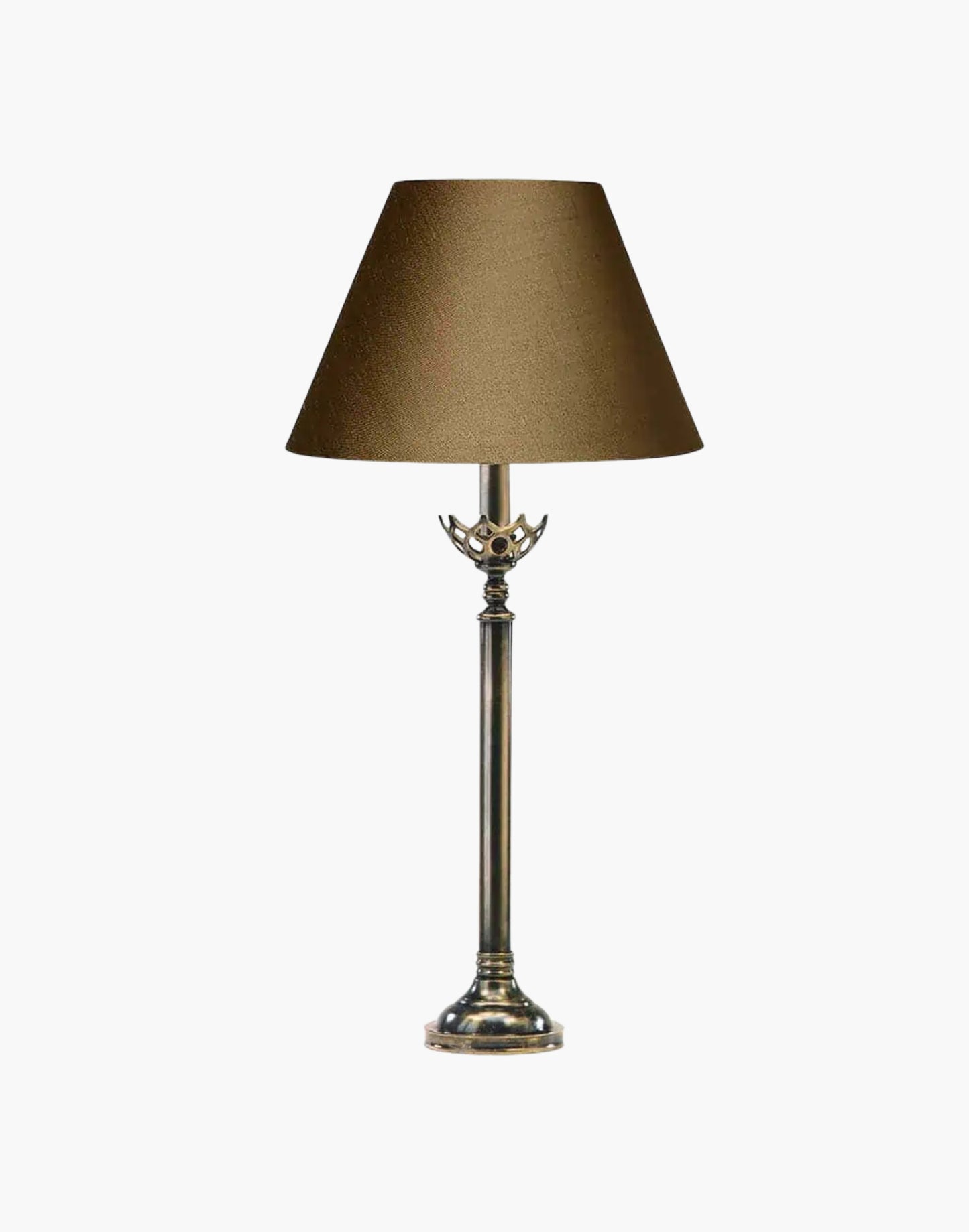 Large Gothic Table Lamp in cast brass, inspired by historic church designs in Cork, Ireland. Available with soft shade options and matching chandeliers and wall lights.