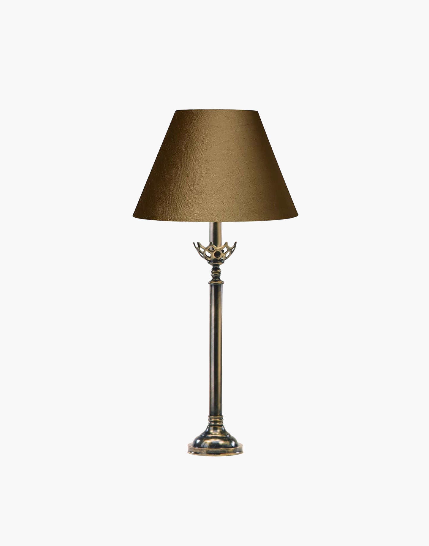 Table lamp in cast brass inspired by original church design from Cork, Ireland, available with soft shade.