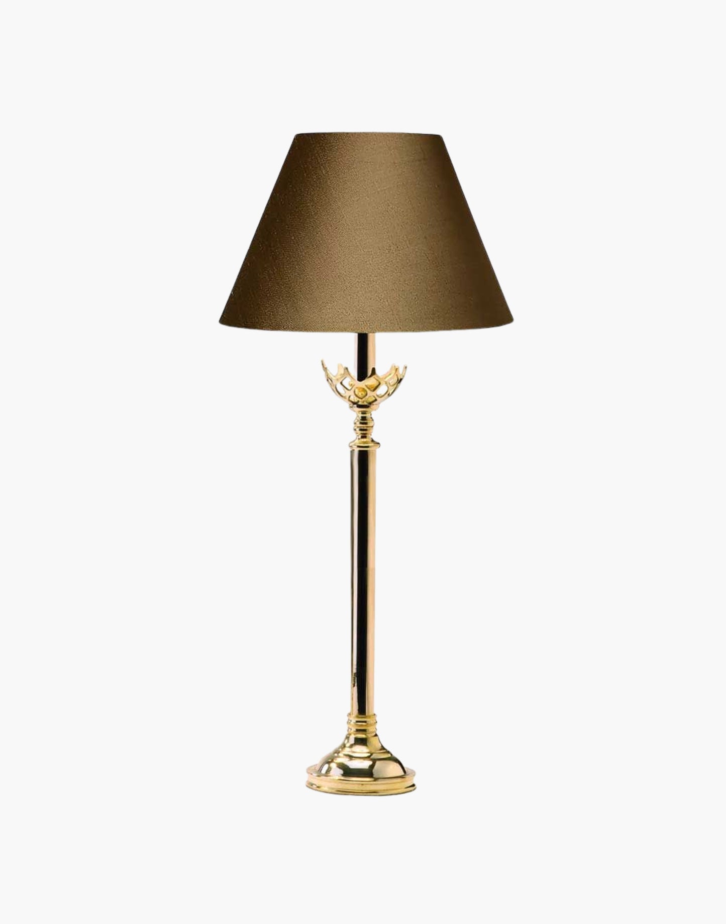 Table lamp in cast brass inspired by original church design from Cork, Ireland, available with soft shade.