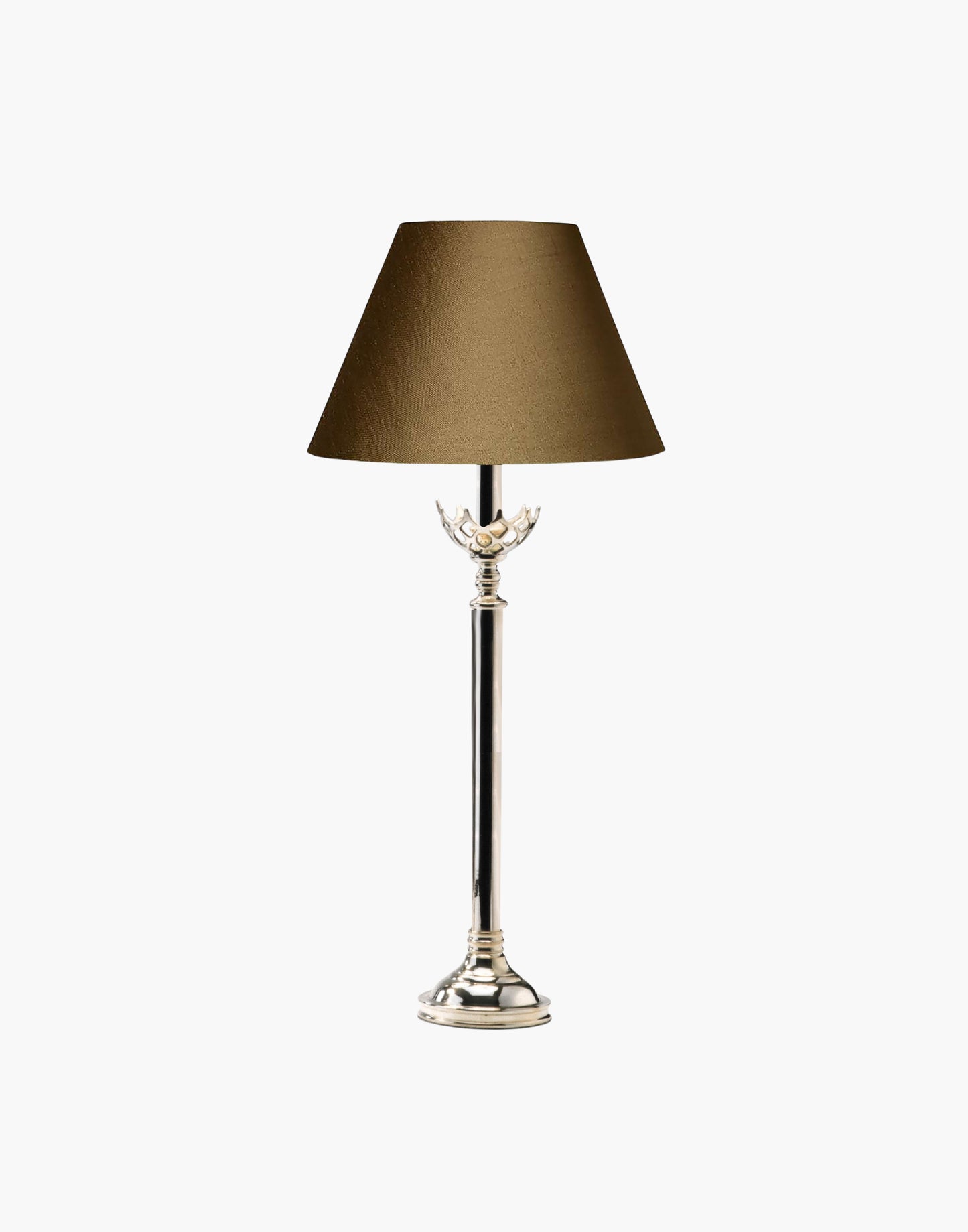 Table lamp in cast brass inspired by original church design from Cork, Ireland, available with soft shade.