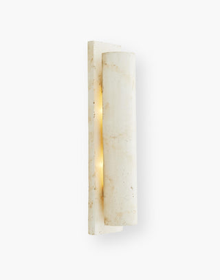 Sconce made of a cast stone composite in a light-washed terracotta finish.