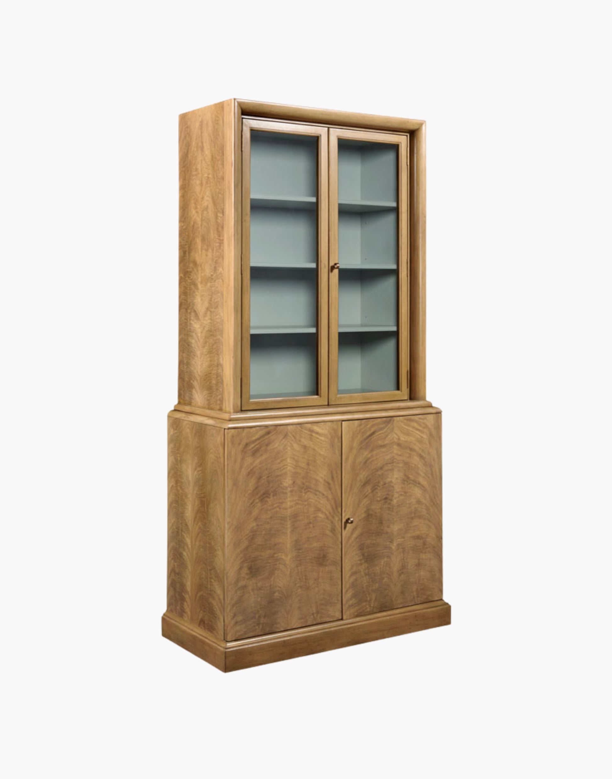 Display Cabinet with framed glass doors, herringbone wood base, and brass hardware