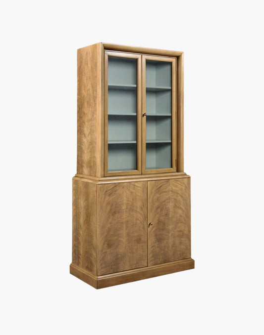 Display Cabinet with framed glass doors, herringbone wood base, and brass hardware