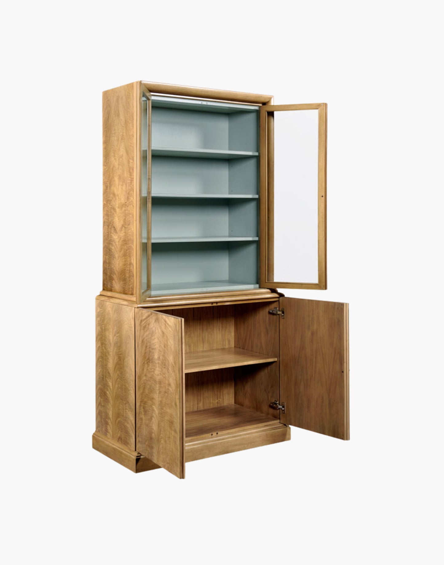 Display Cabinet with framed glass doors, herringbone wood base, and brass hardware
