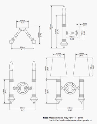 Elegant Carlton Twin Wall Sconce product dimensions.