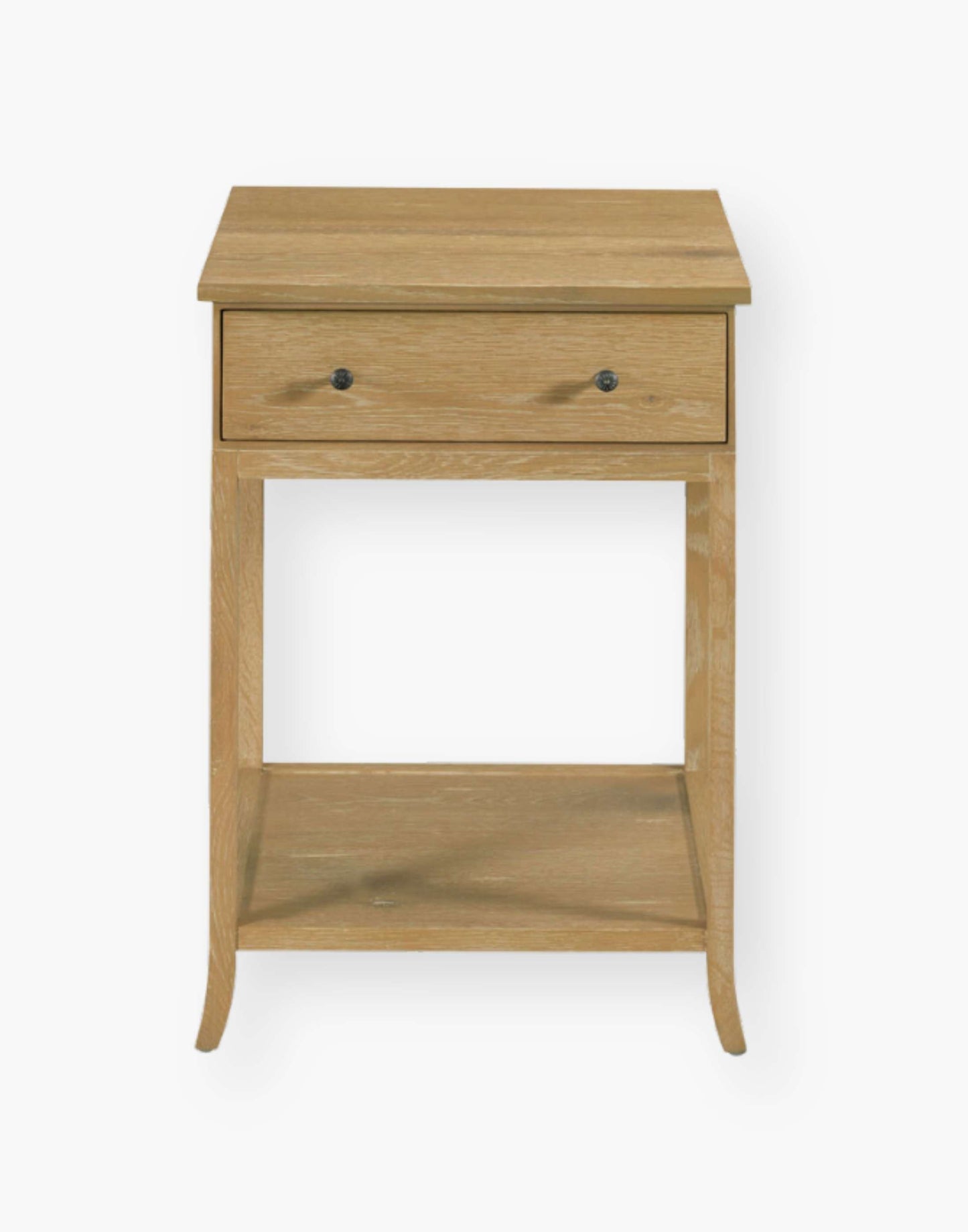 Table with a square oak top resting over a storage drawer with legs joined by a low shelf.