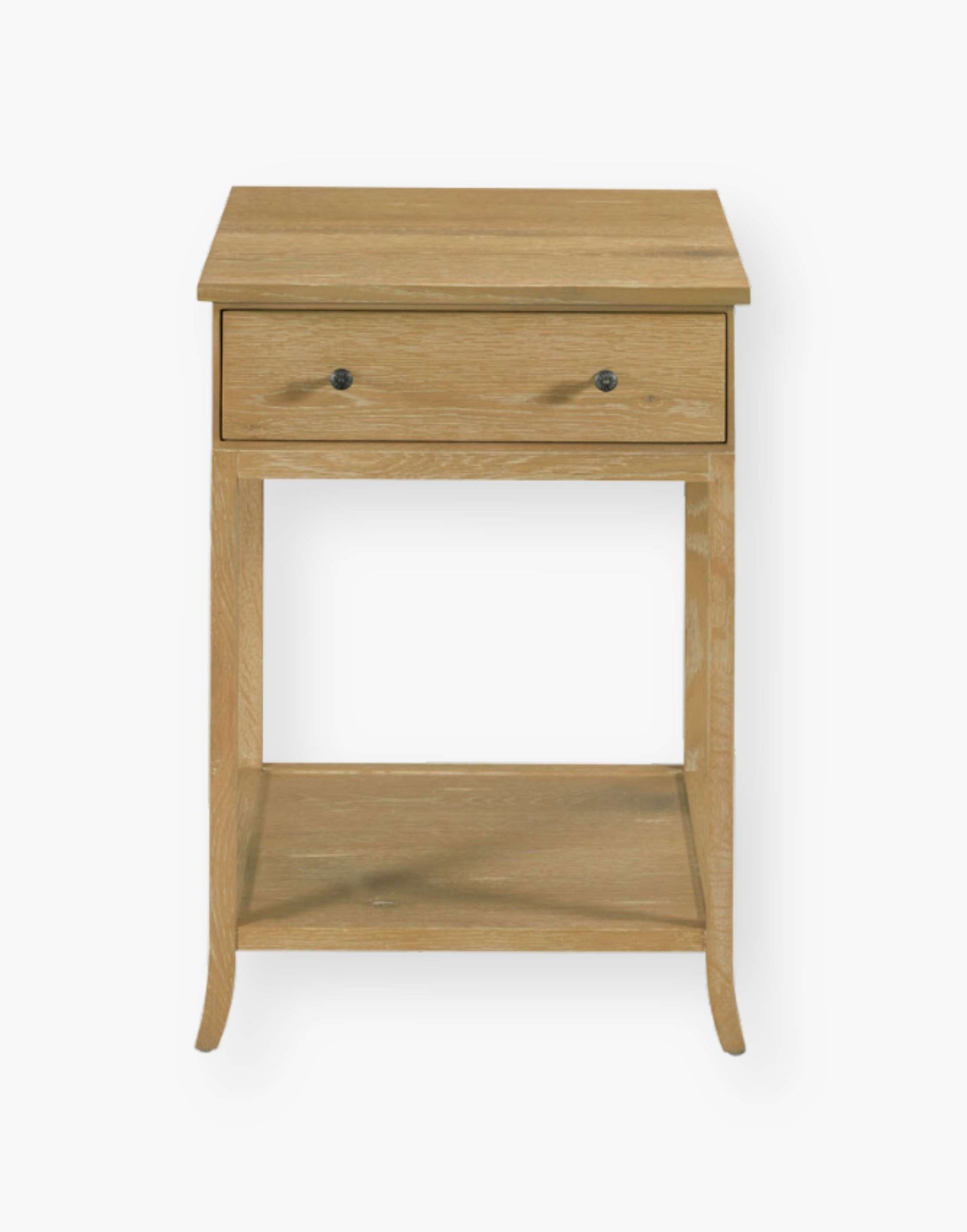 Table with a square oak top resting over a storage drawer with legs joined by a low shelf.