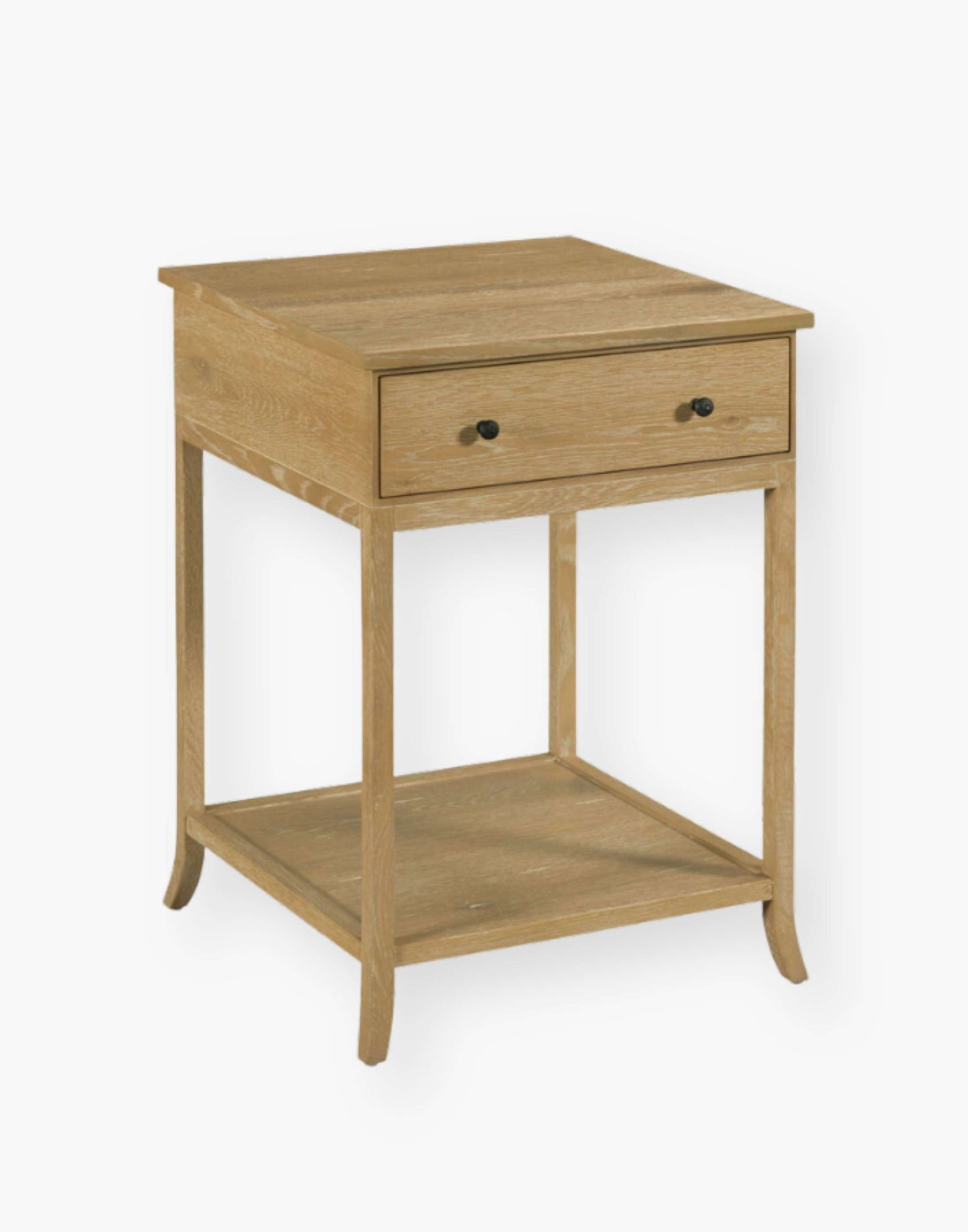 Table with a square oak top resting over a storage drawer with legs joined by a low shelf.