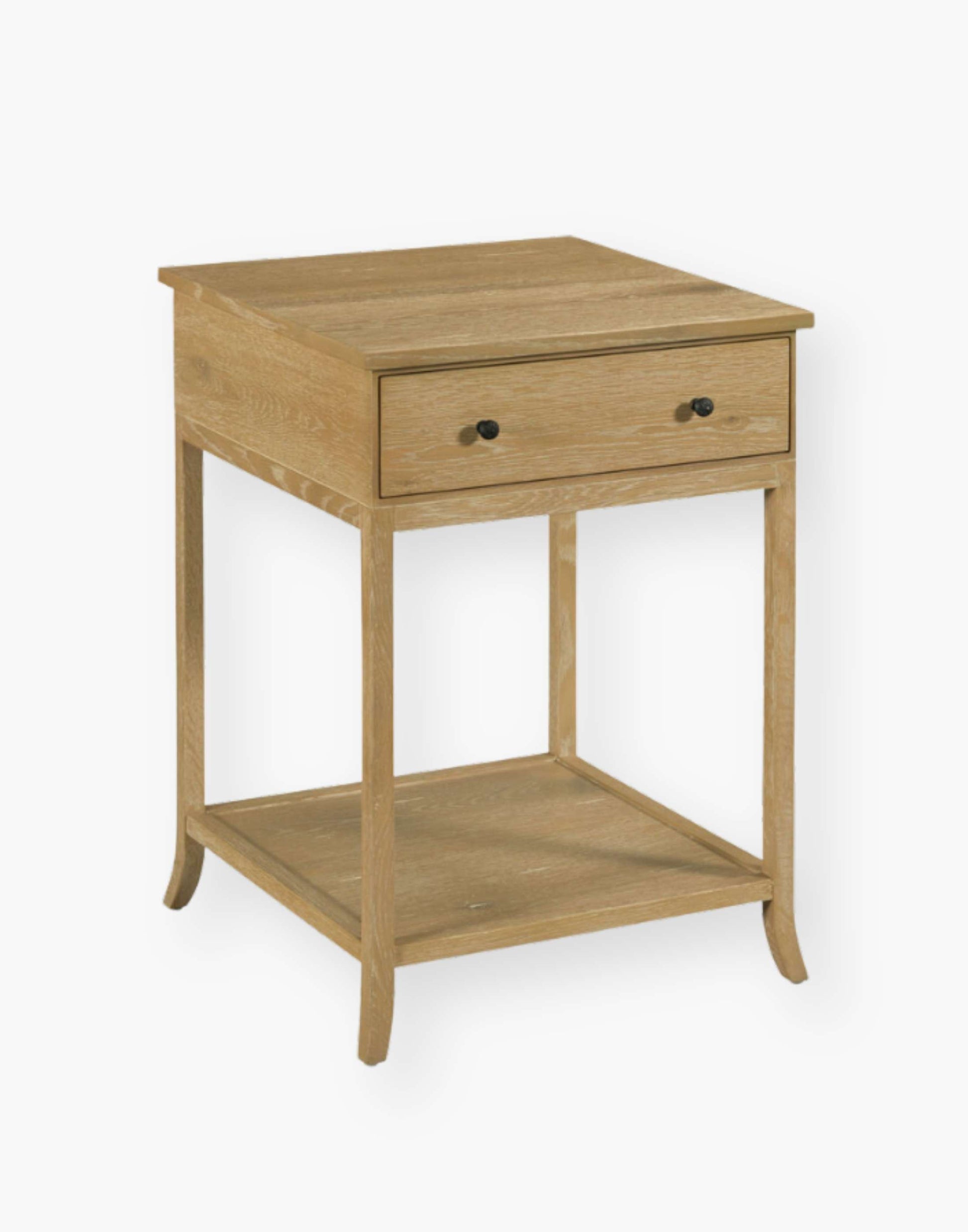 Table with a square oak top resting over a storage drawer with legs joined by a low shelf.