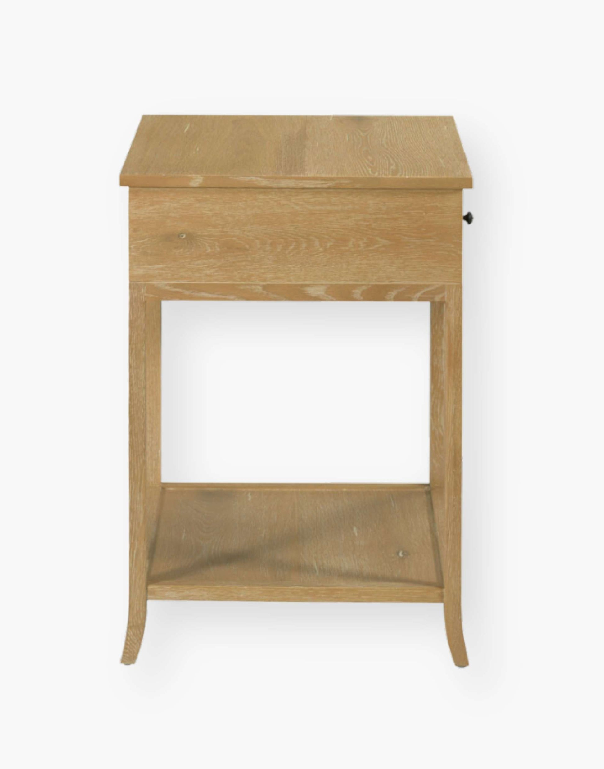 Table with a square oak top resting over a storage drawer with legs joined by a low shelf.