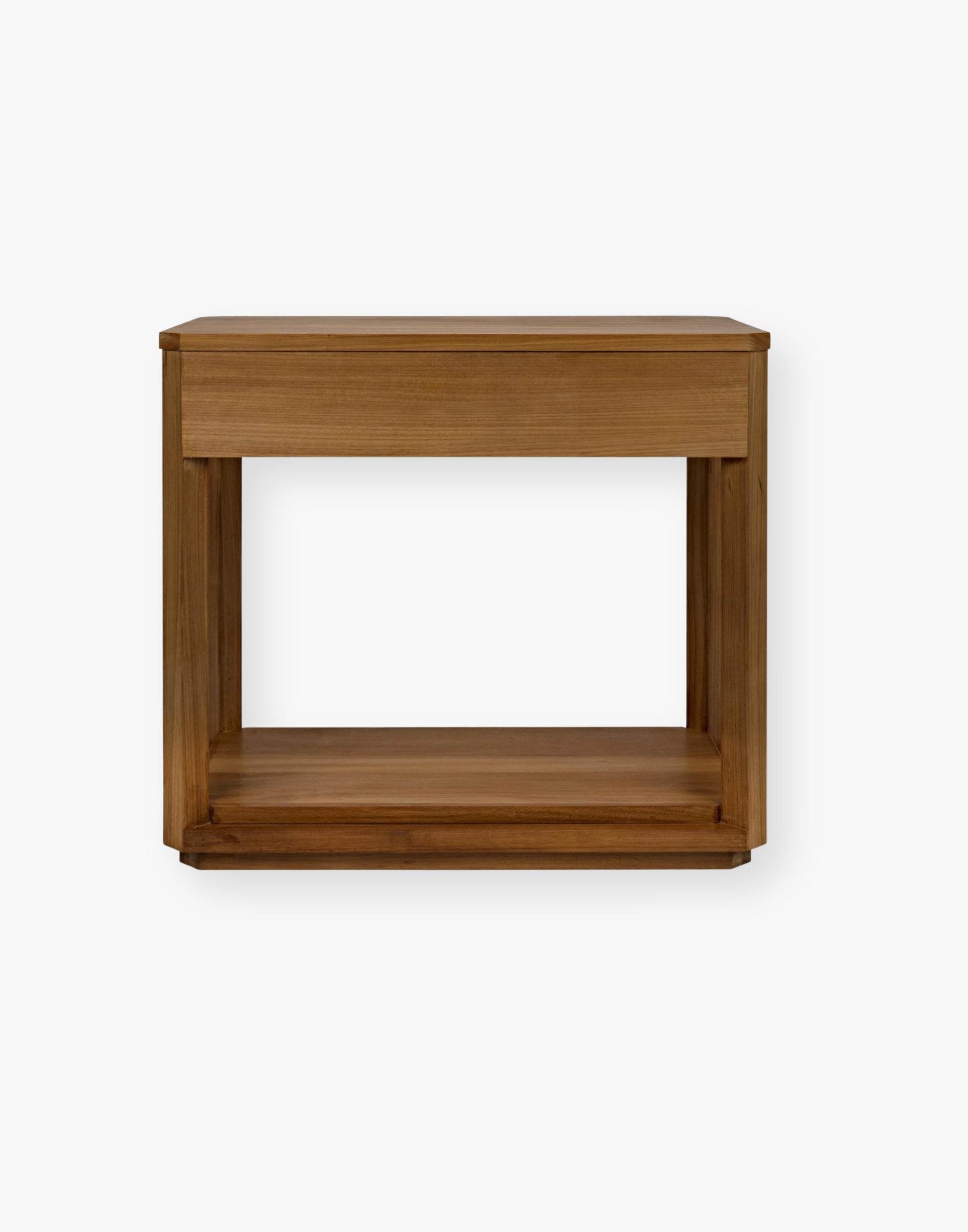 Single drawer nightstand or side table in warm teak finish with storage shelf.