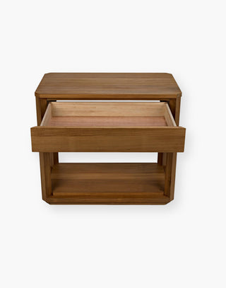 Single drawer nightstand or side table in warm teak finish with storage shelf.
