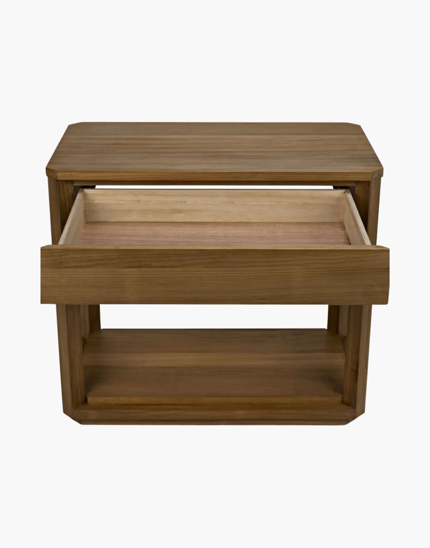 Rectangular teak side table with one drawer, gold teak finish, and clean modern lines for living room or bedroom