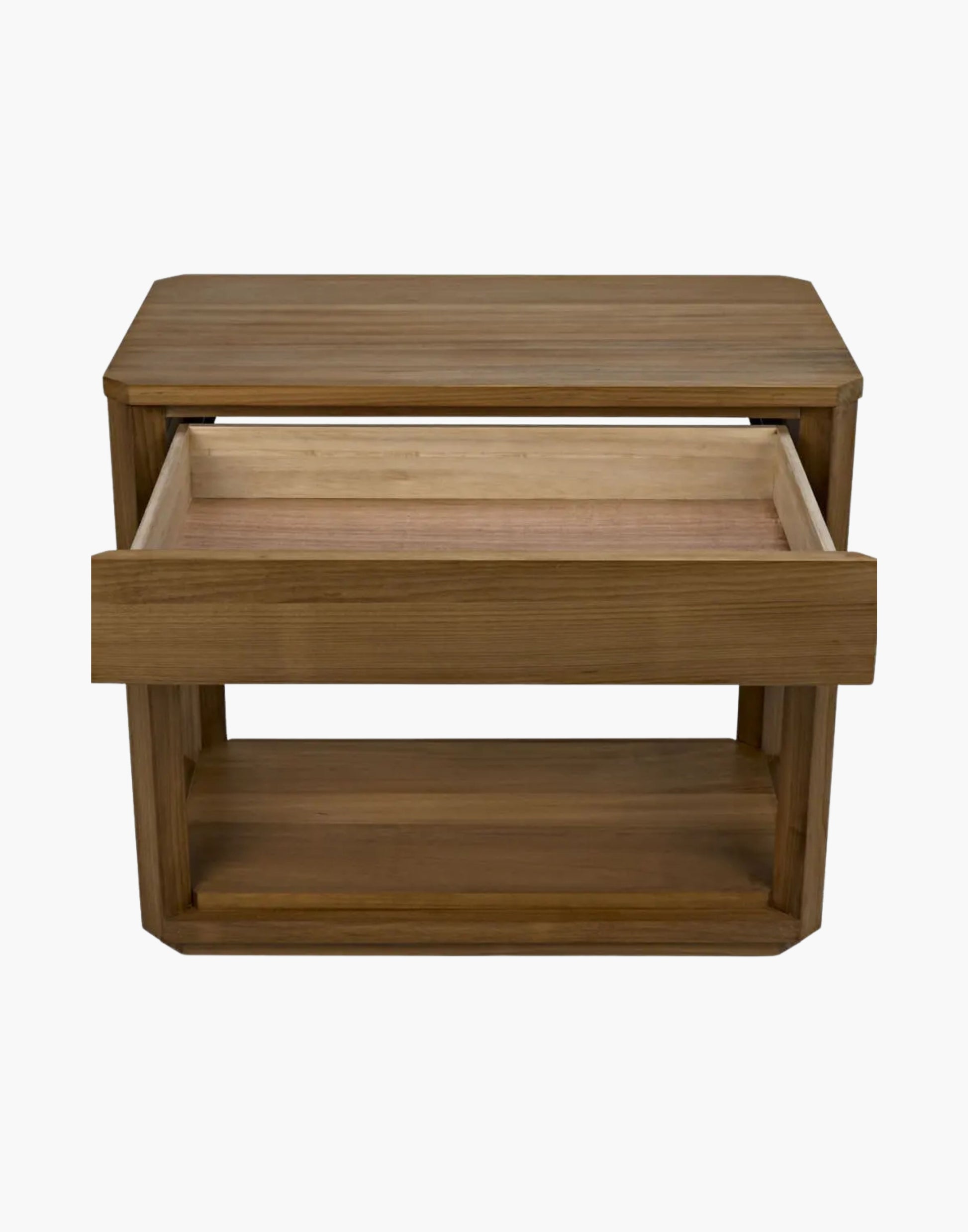 Rectangular teak side table with one drawer, gold teak finish, and clean modern lines for living room or bedroom