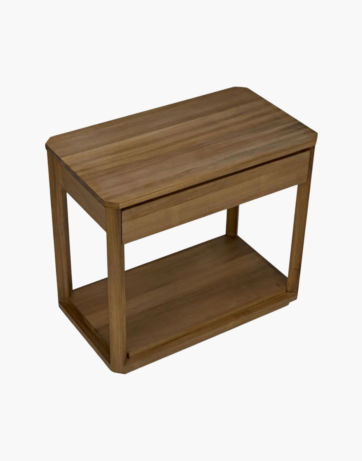 Rectangular teak side table with one drawer, gold teak finish, and clean modern lines for living room or bedroom