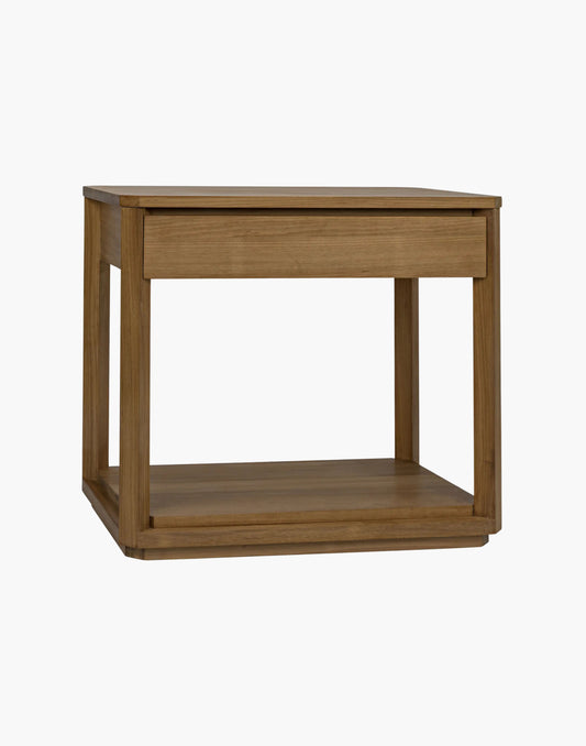 Rectangular teak side table with one drawer, gold teak finish, and clean modern lines for living room or bedroom