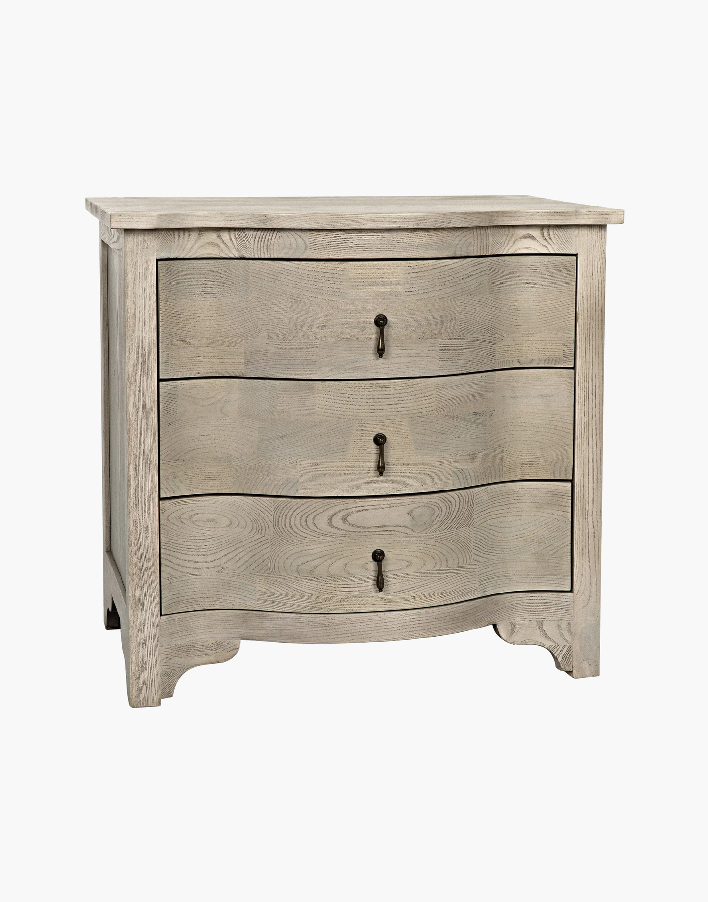 curved front side table with three drawers and brass hardware in Vintage Gray finish