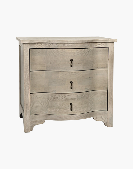 curved front side table with three drawers and brass hardware in Vintage Gray finish