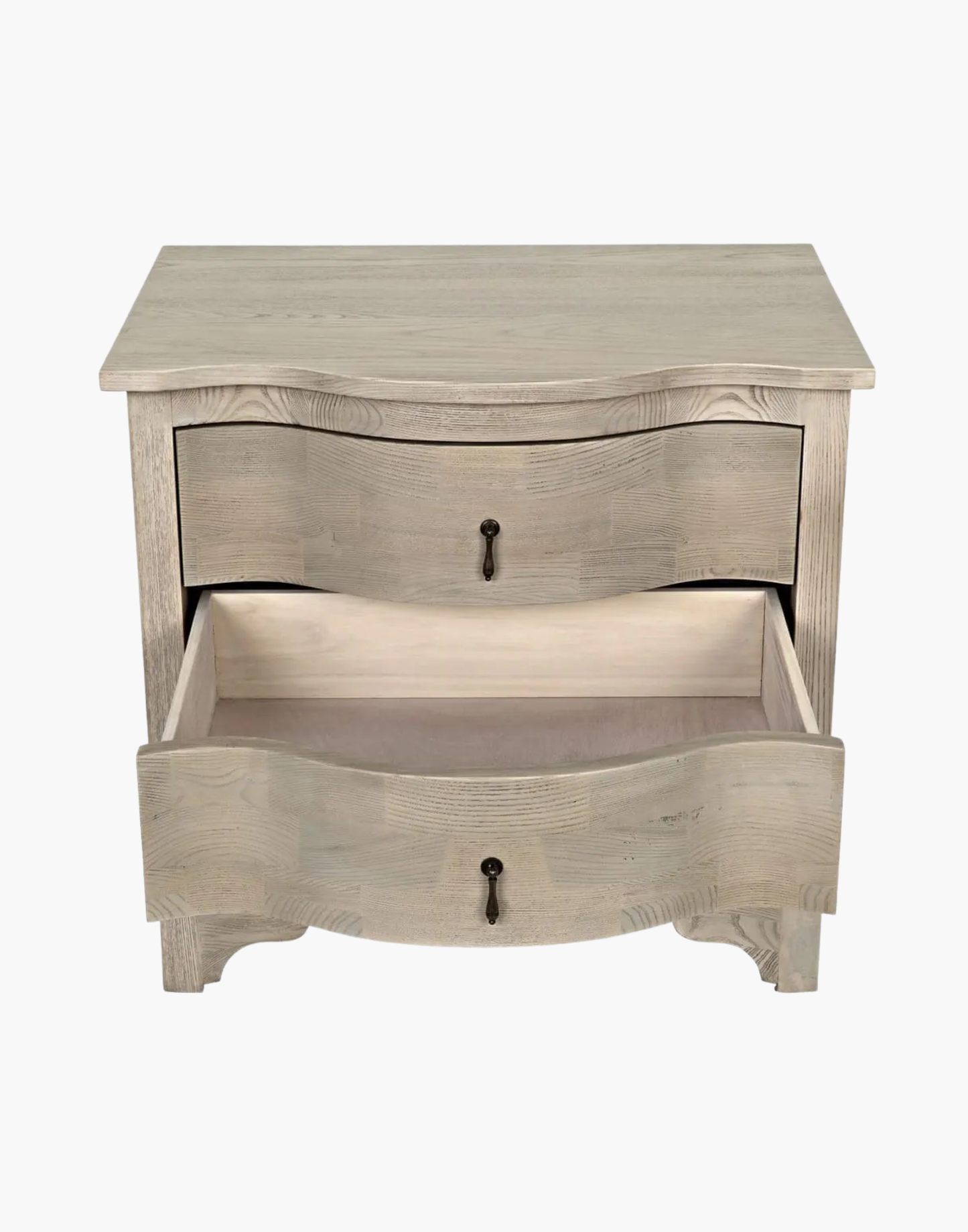 curved front side table with three drawers and brass hardware in Vintage Gray finish