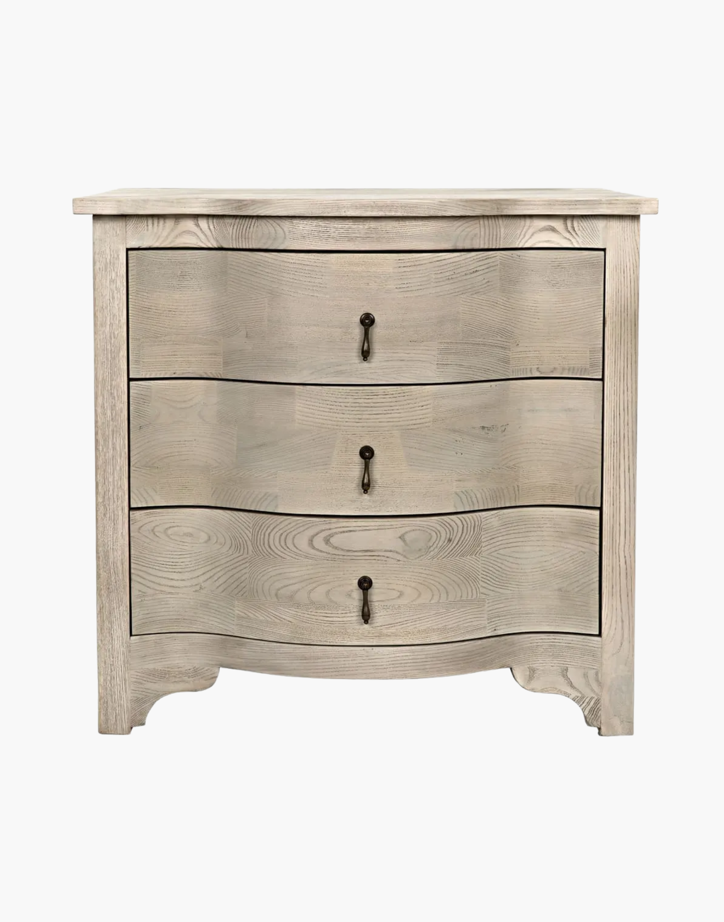 curved front side table with three drawers and brass hardware in Vintage Gray finish
