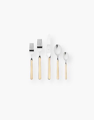 Set of 5 flatware with 18/10 stainless steel and resin made with Nylon and Fiberglass. Stainless Steel body with vanilla coloring goes all the way to the end of the handle.