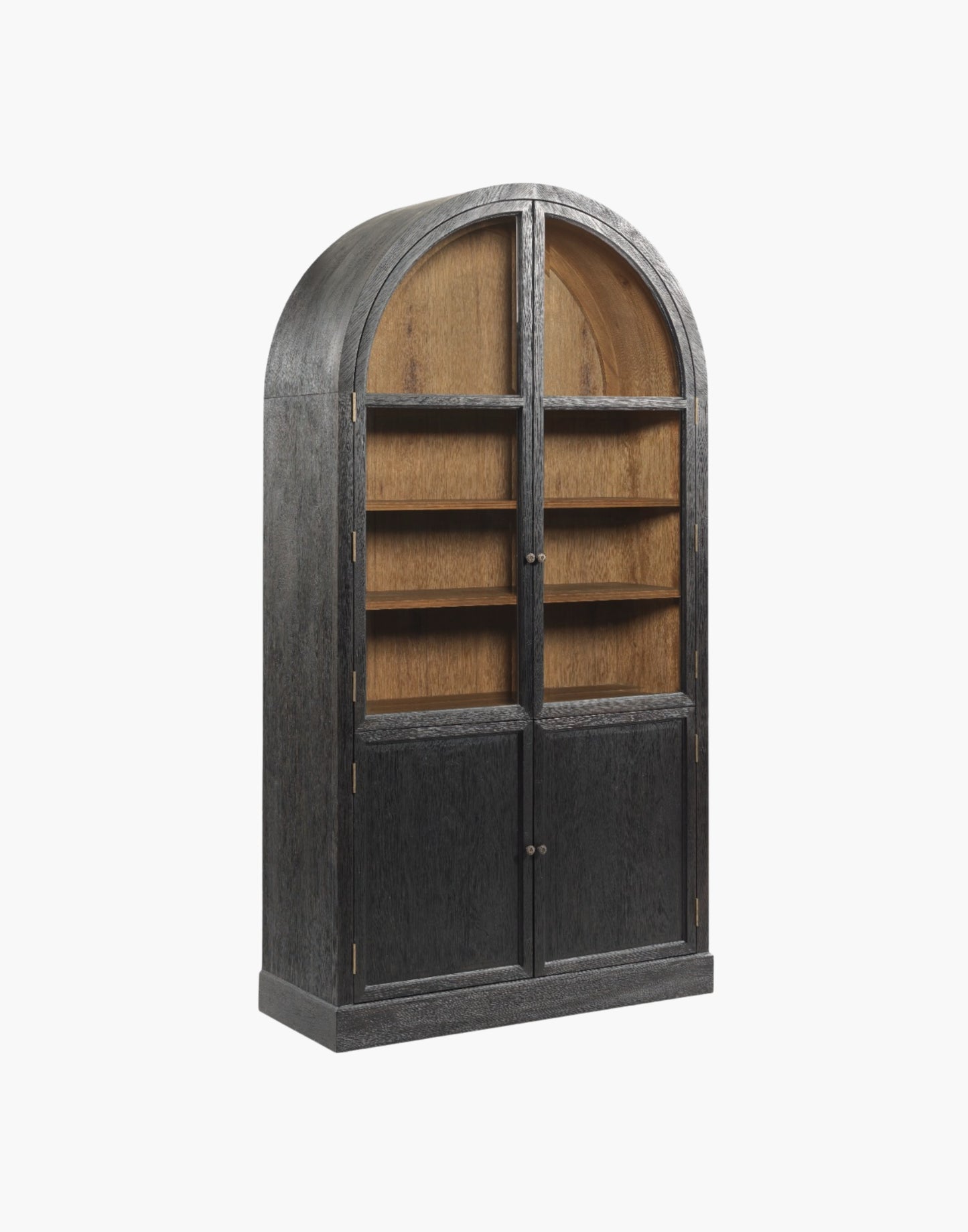 Cabinet with arched top, oak veneer and solids, aged brass hardware, two adjustable display shelves above a lower storage compartment.