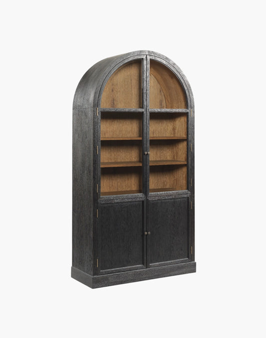 Cabinet with arched top, oak veneer and solids, aged brass hardware, two adjustable display shelves above a lower storage compartment.