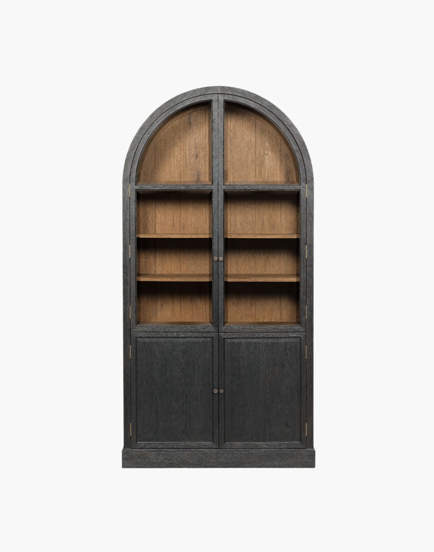 Cabinet with arched top, oak veneer and solids, aged brass hardware, two adjustable display shelves above a lower storage compartment.