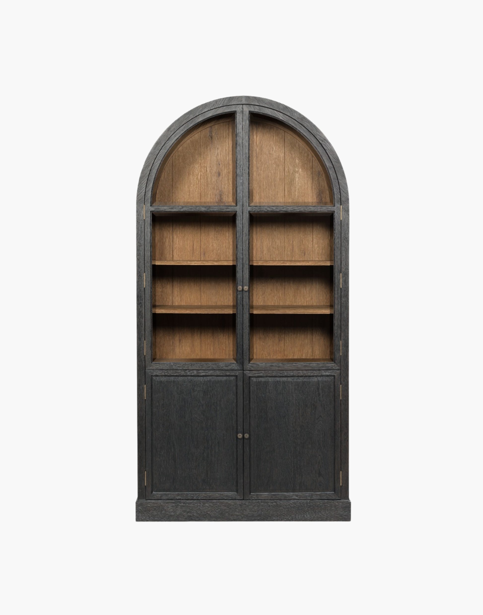 Cabinet with arched top, oak veneer and solids, aged brass hardware, two adjustable display shelves above a lower storage compartment.