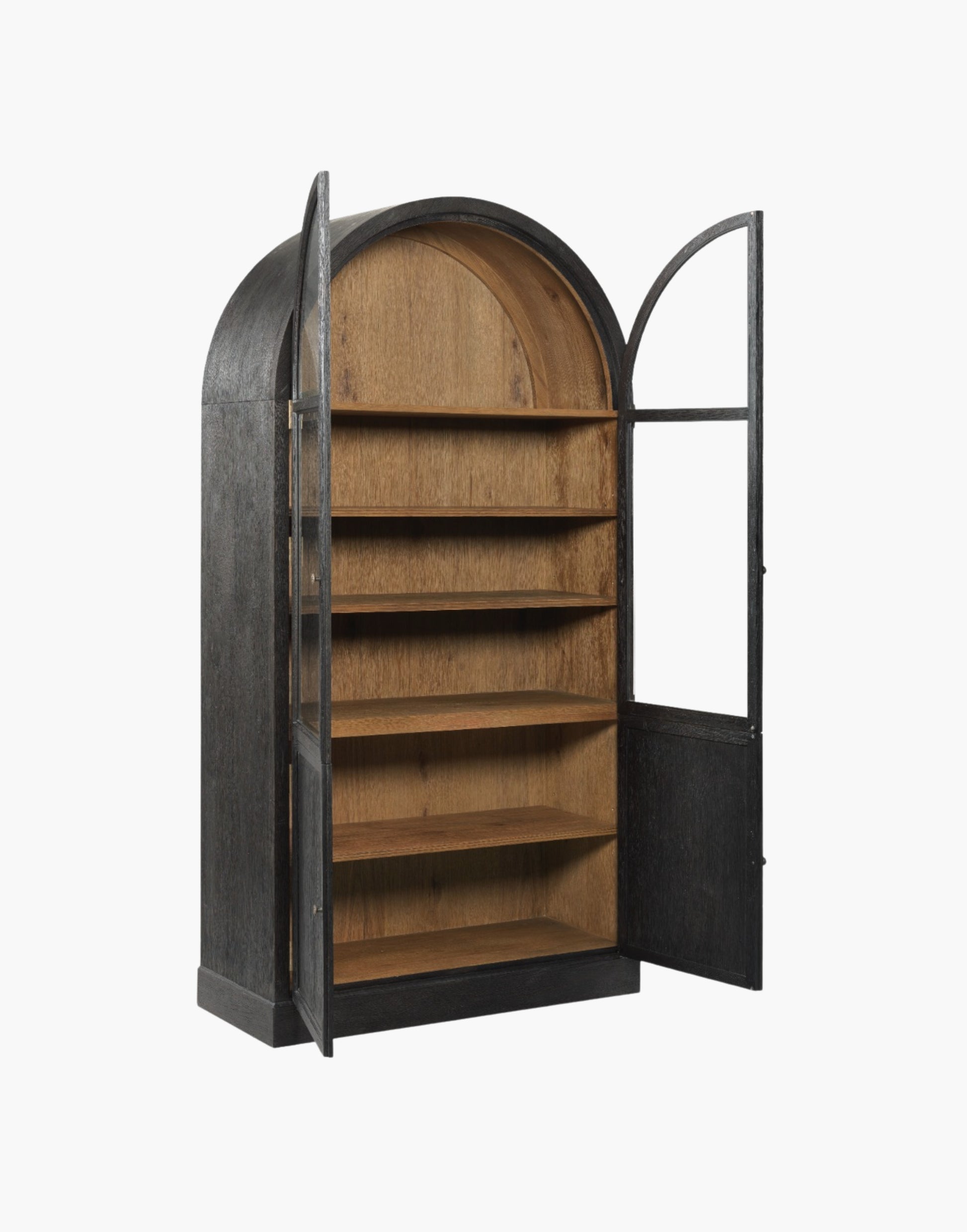 Cabinet with arched top, oak veneer and solids, aged brass hardware, two adjustable display shelves above a lower storage compartment.