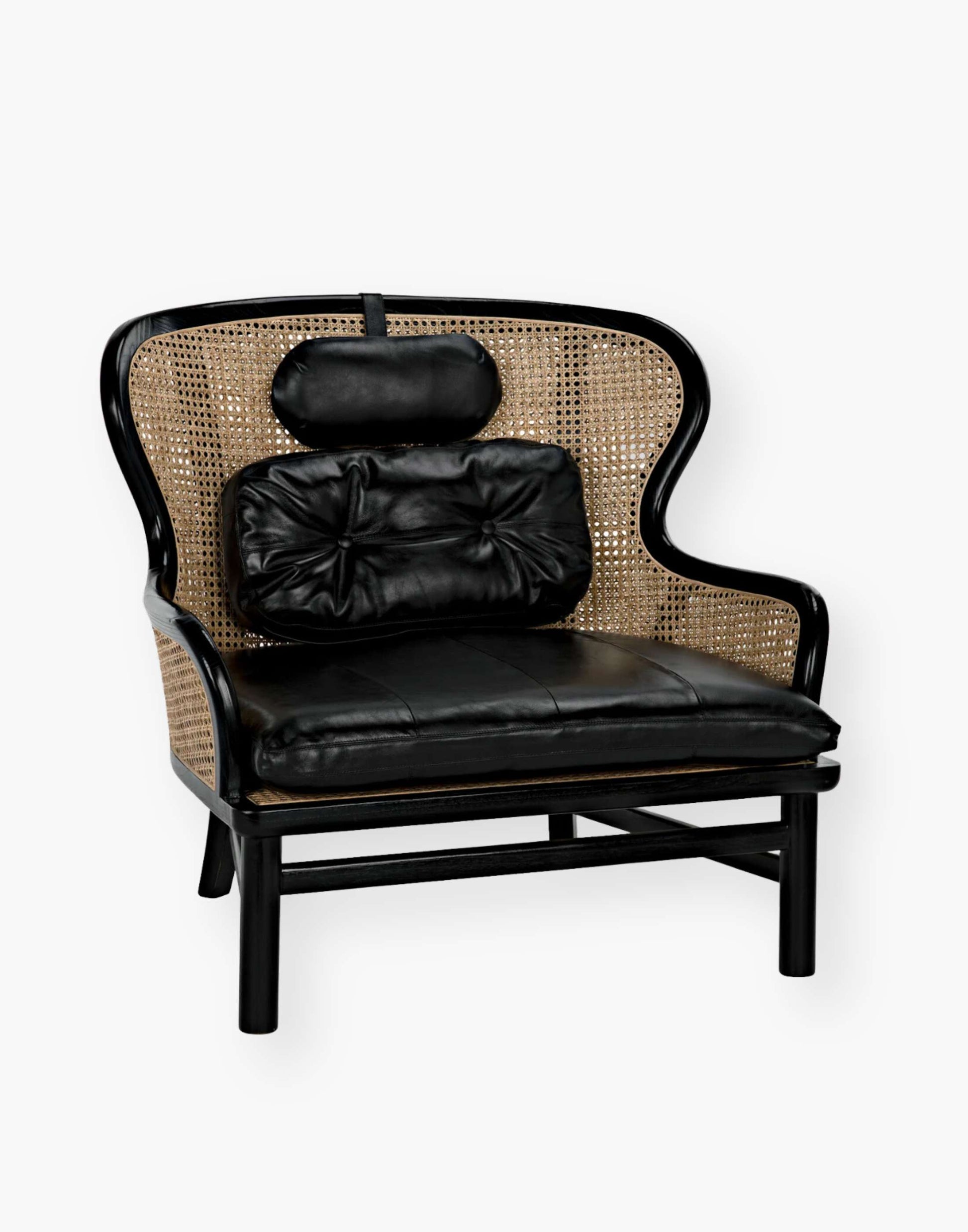 Charcoal Black frame with natural caning and removable black leather seat cushion, bolster & headrest pillows.