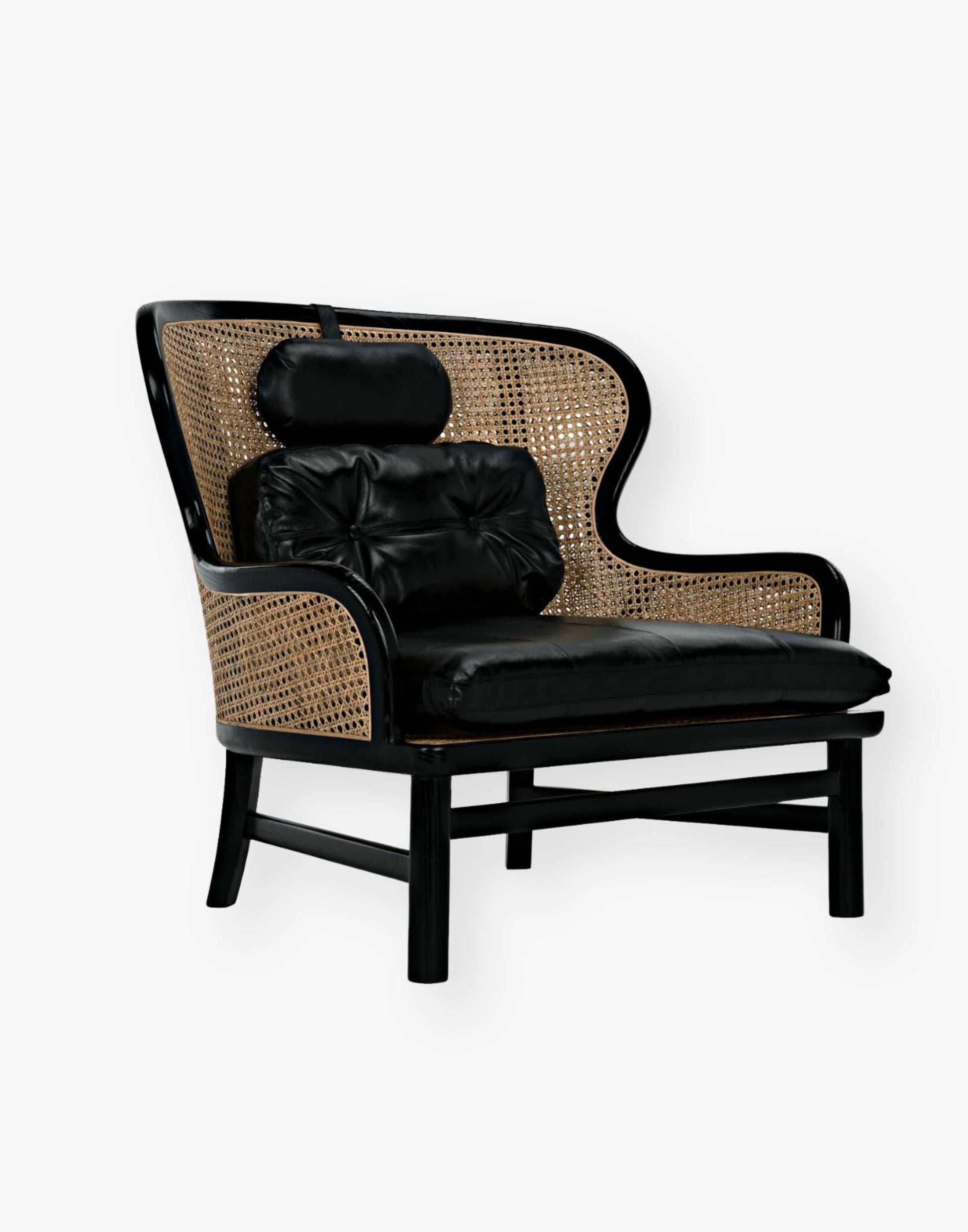Charcoal Black frame with natural caning and removable black leather seat cushion, bolster & headrest pillows.
