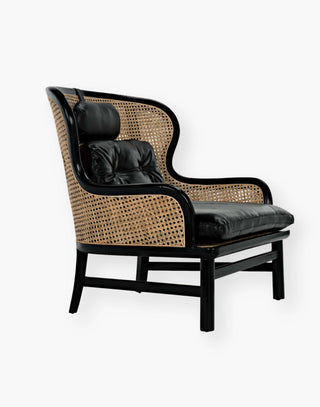 Charcoal Black frame with natural caning and removable black leather seat cushion, bolster & headrest pillows.