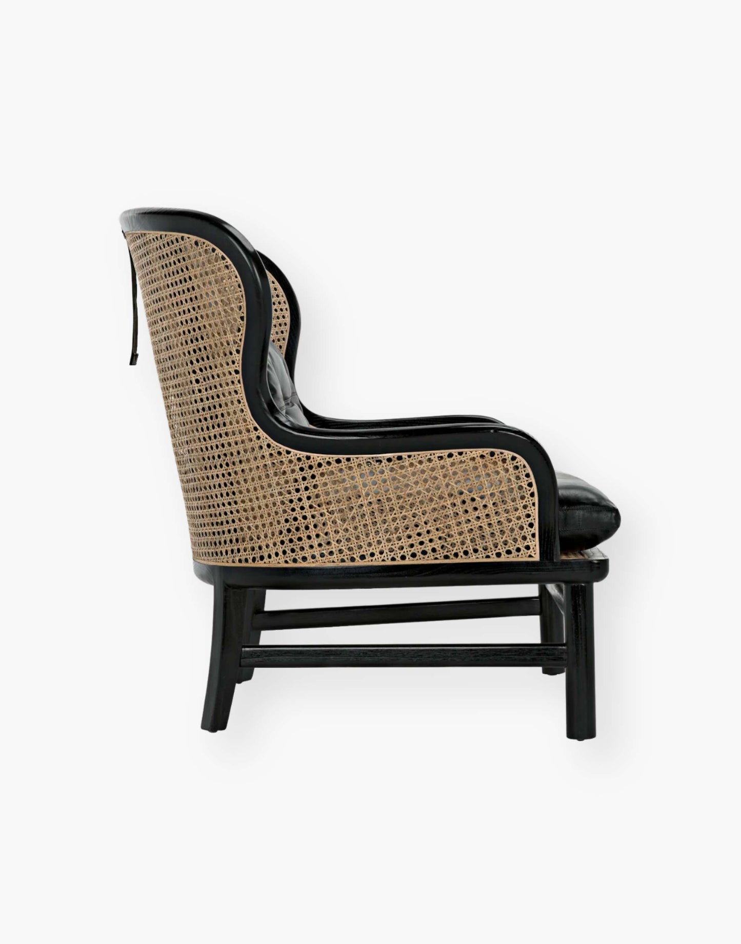 Charcoal Black frame with natural caning and removable black leather seat cushion, bolster & headrest pillows.